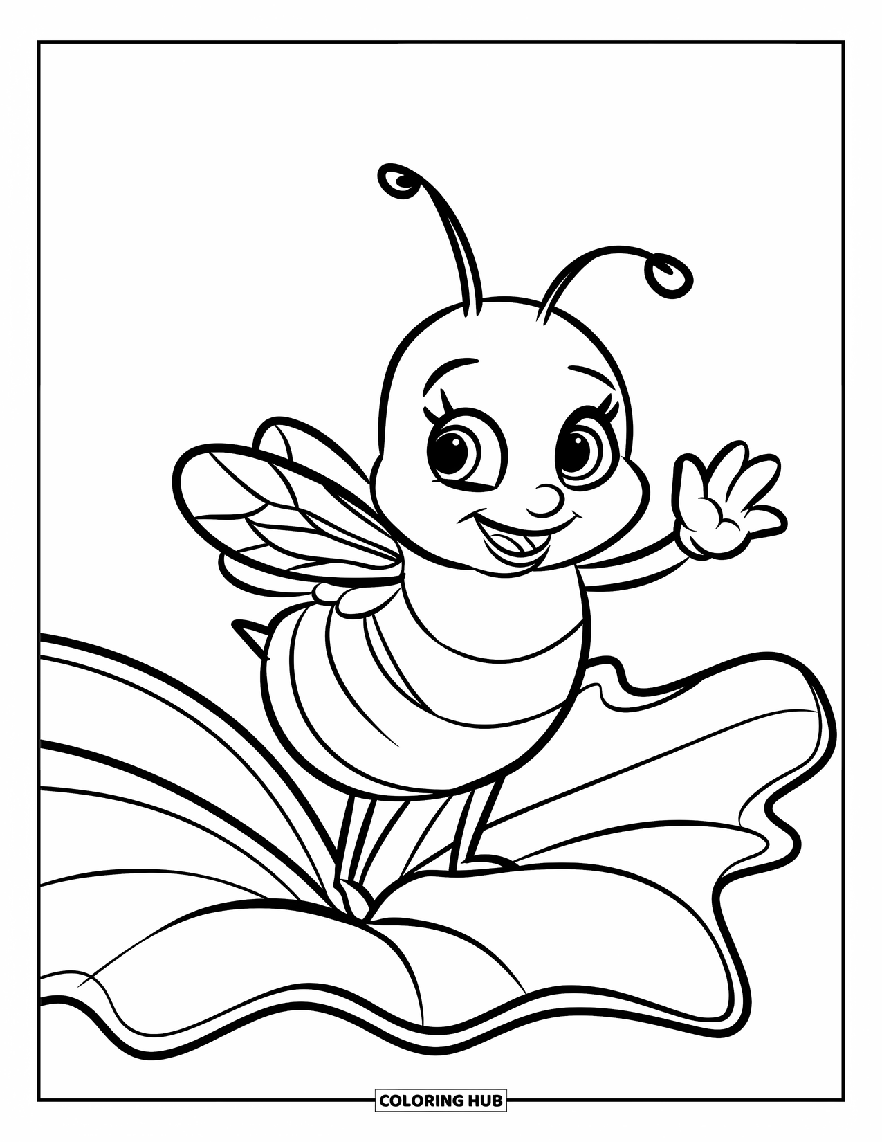 Honey Bee Coloring Page for Kids: A chubby bee stands on a leaf, waving its tiny arms with joy