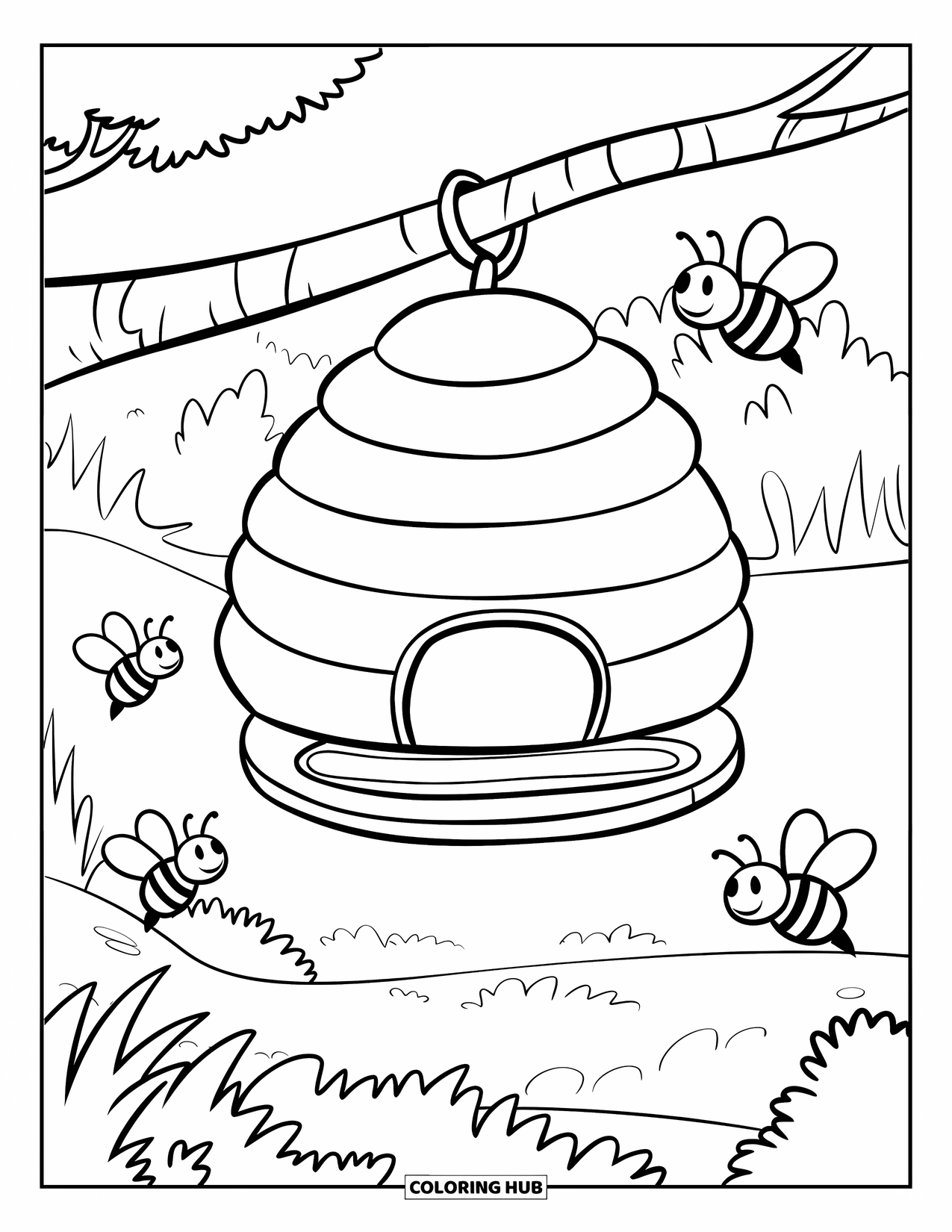 Honey Bee Coloring Page for Kids: A cozy beehive dangles from a tree as bees buzz around their home