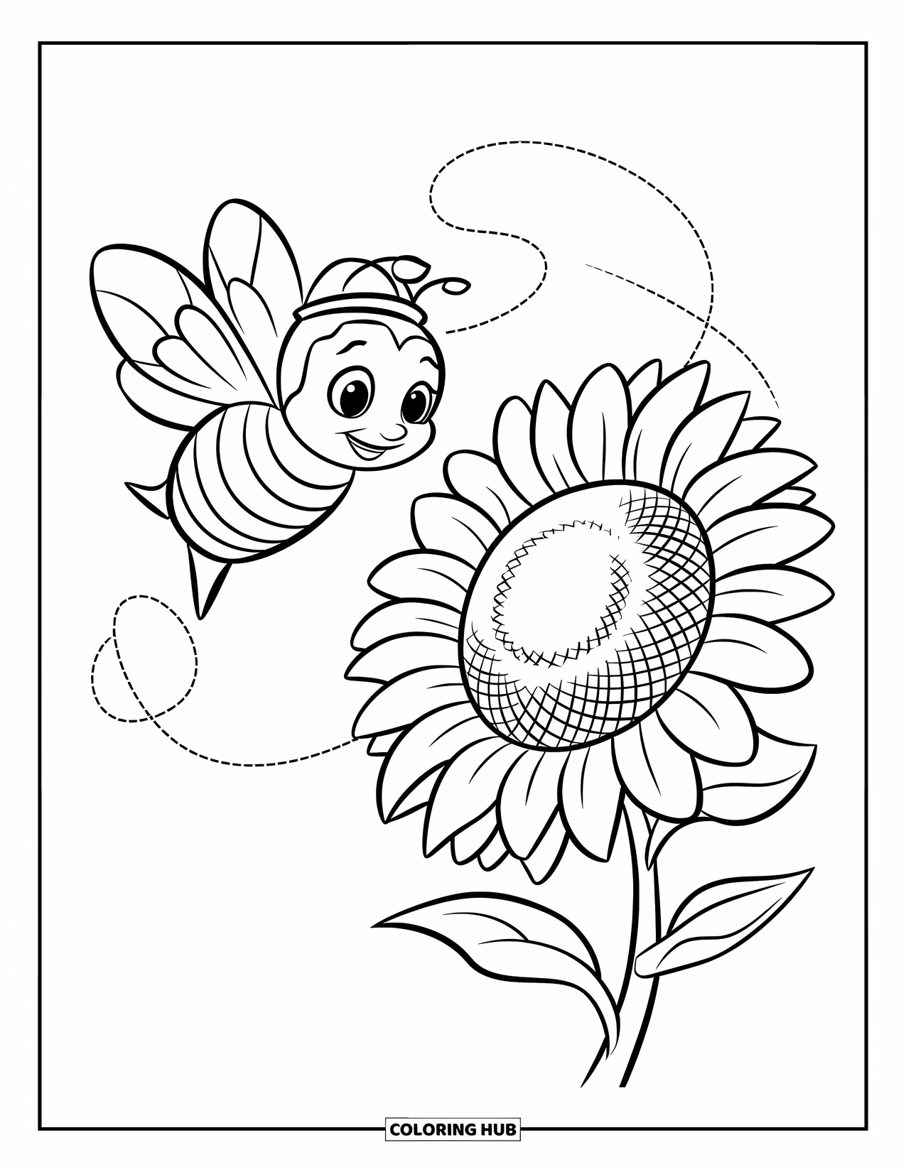 Honey Bee Coloring Page for Kids: A cute bee flies in circles around a giant sunflower, enjoying the warm sun
