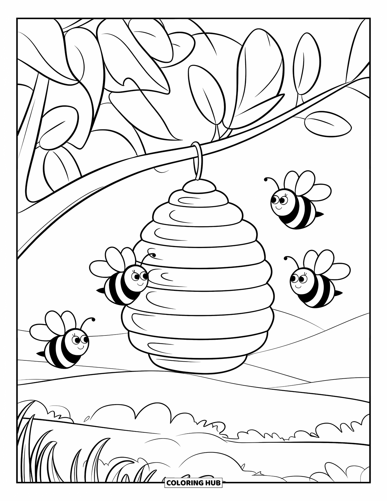 Honey Bee Coloring Page for Kids: A few curious bees hover near their hive, safely tucked under a leafy branch