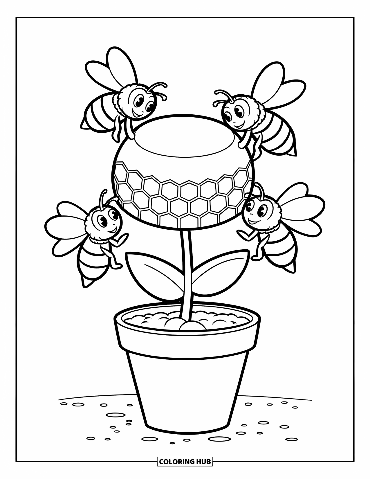 Honey Bee Coloring Page for Kids: A flower with a honeycomb center attracts three bees flying in perfect harmony