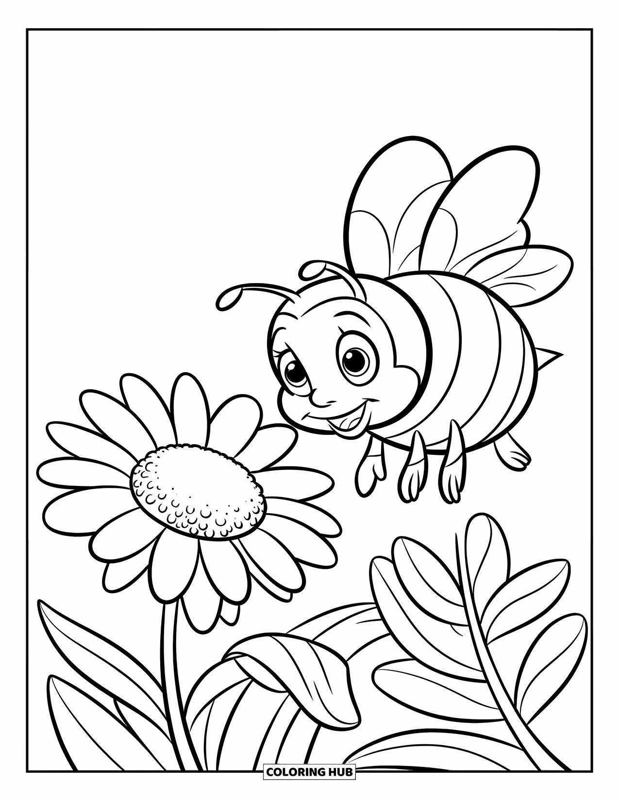 Honey Bee Coloring Page for Kids: A happy bee approaches a daisy, drawn to its bright, cheerful center