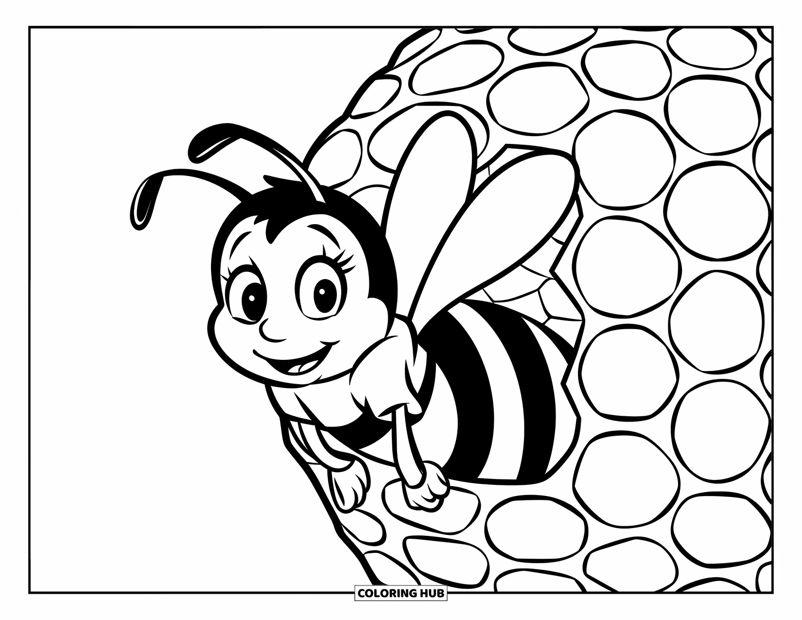 Honey Bee Coloring Page for Kids: A happy bee peeks from a honeycomb, its round eyes full of excitement