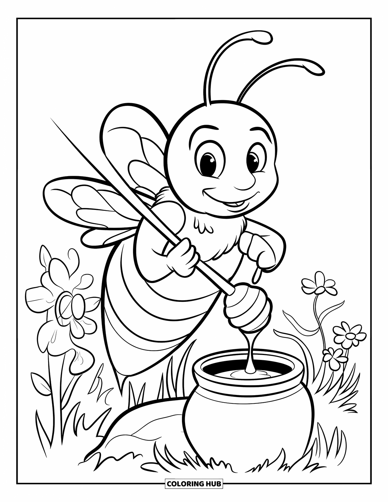 Honey Bee Coloring Page for Kids: A happy bee tilts a honey dipper, filling a pot with sweet golden honey