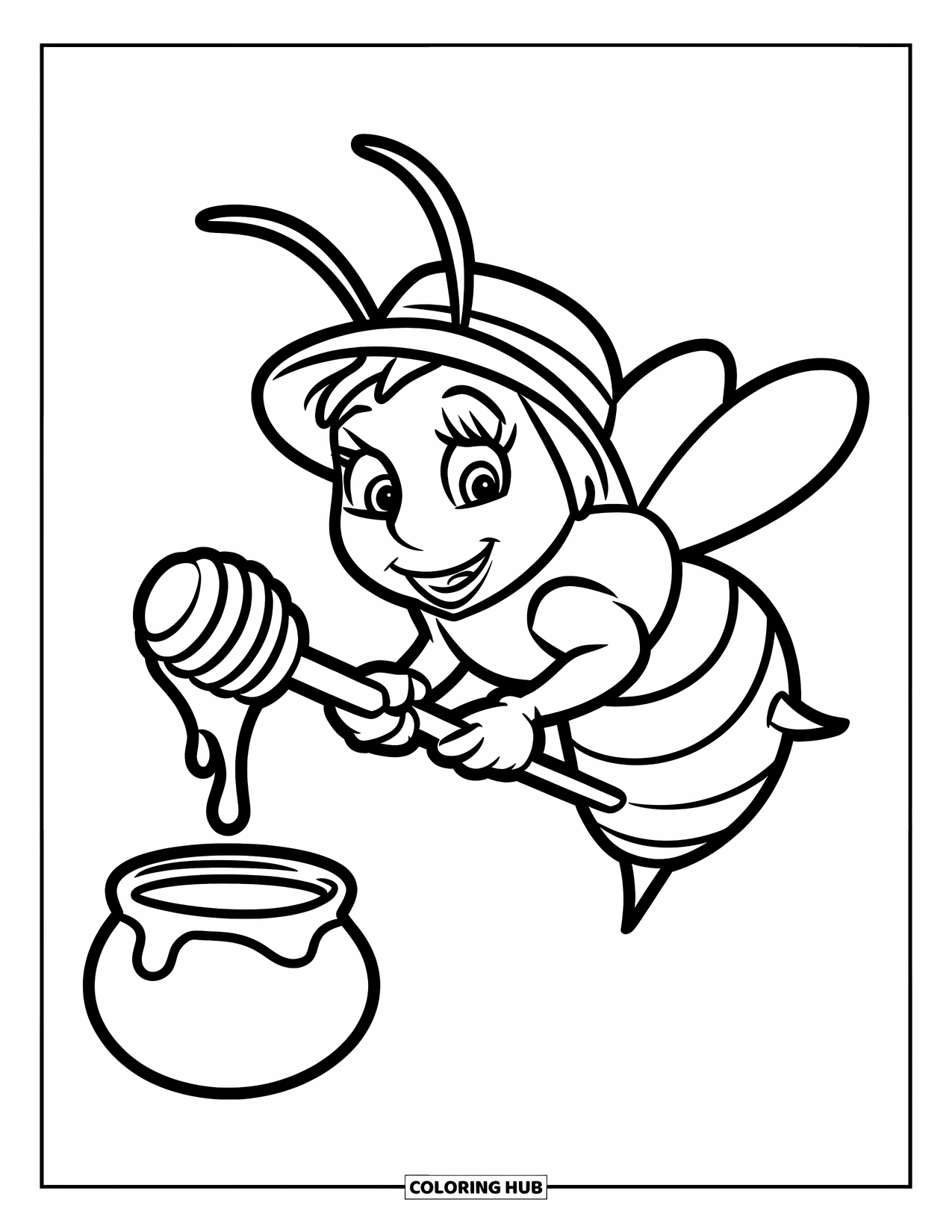 Honey Bee Coloring Page for Kids: A honey bee drizzles golden honey into a small pot using a wooden dipper