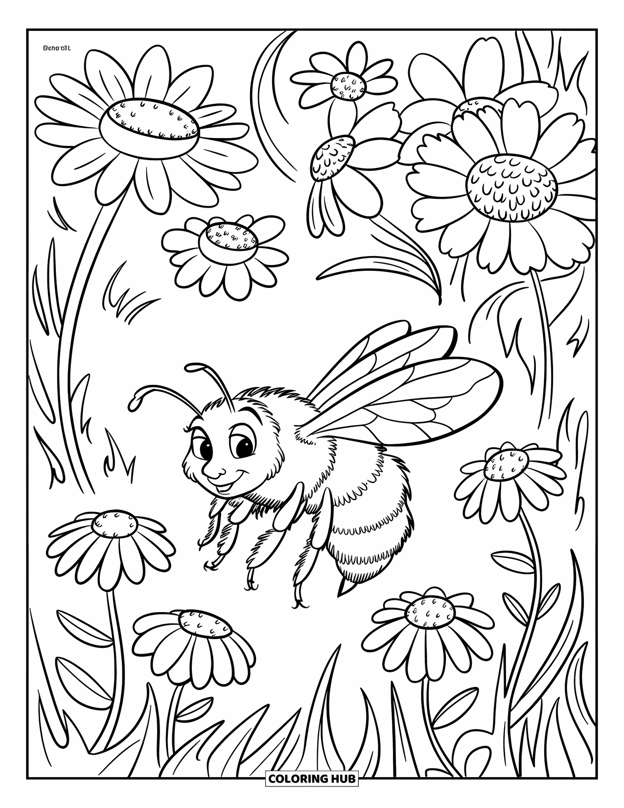 Honey Bee Coloring Page for Kids: A honey bee flies over a field of daisies and wildflowers, heading toward the viewer