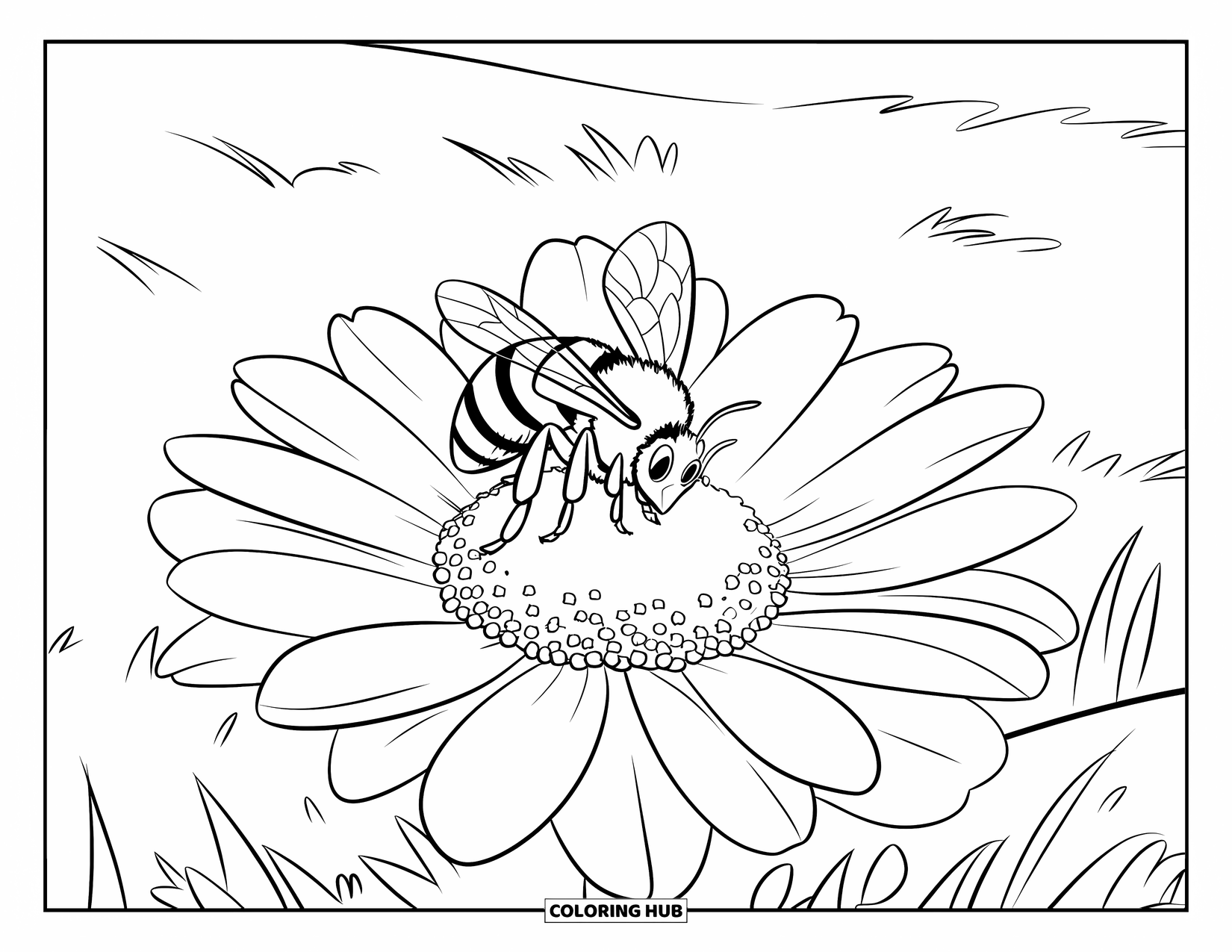 Honey Bee Coloring Page for Kids: A honey bee lands on a bright flower, tiny pollen grains sticking to its legs