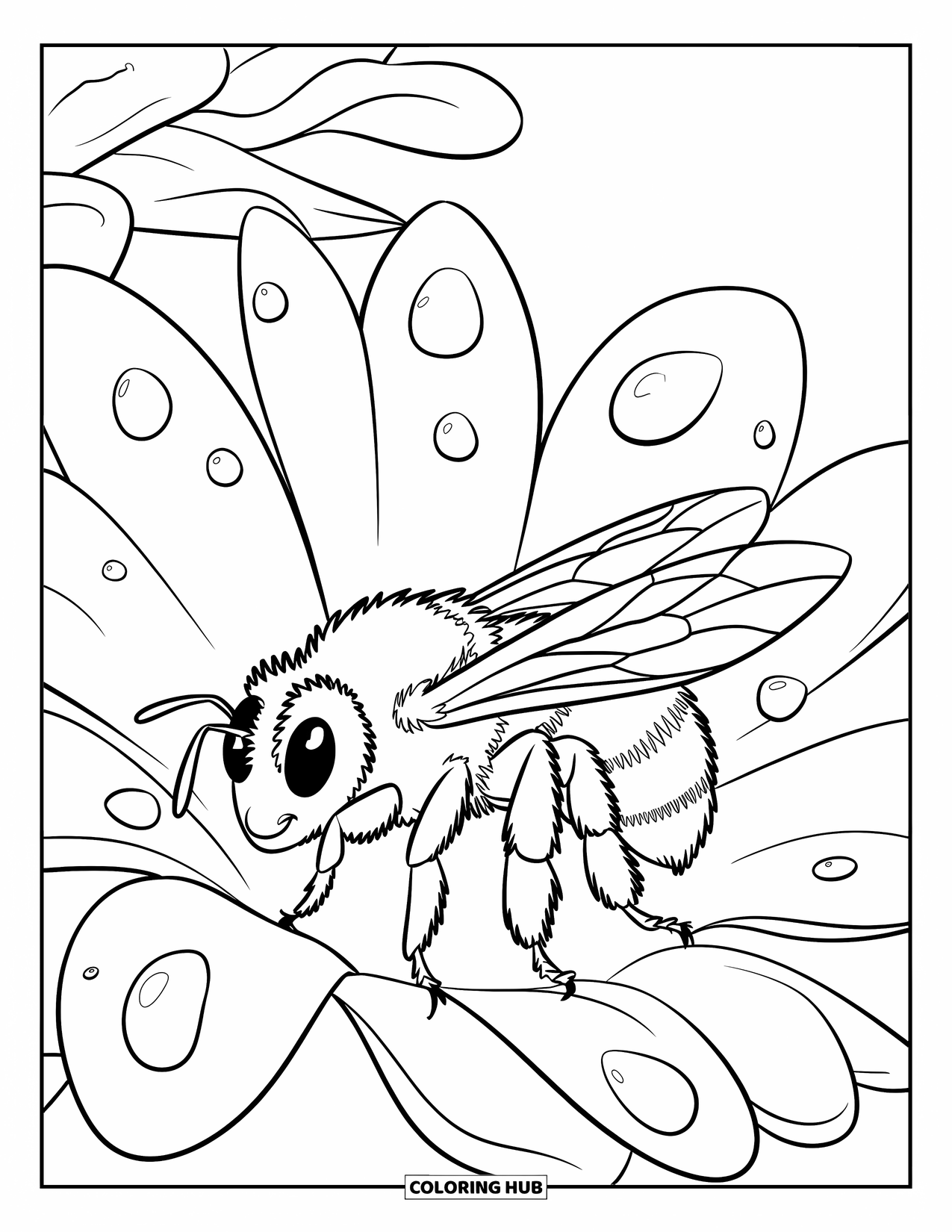 Honey Bee Coloring Page for Kids: A honey bee rests on a petal, surrounded by dewdrops that sparkle in the morning light