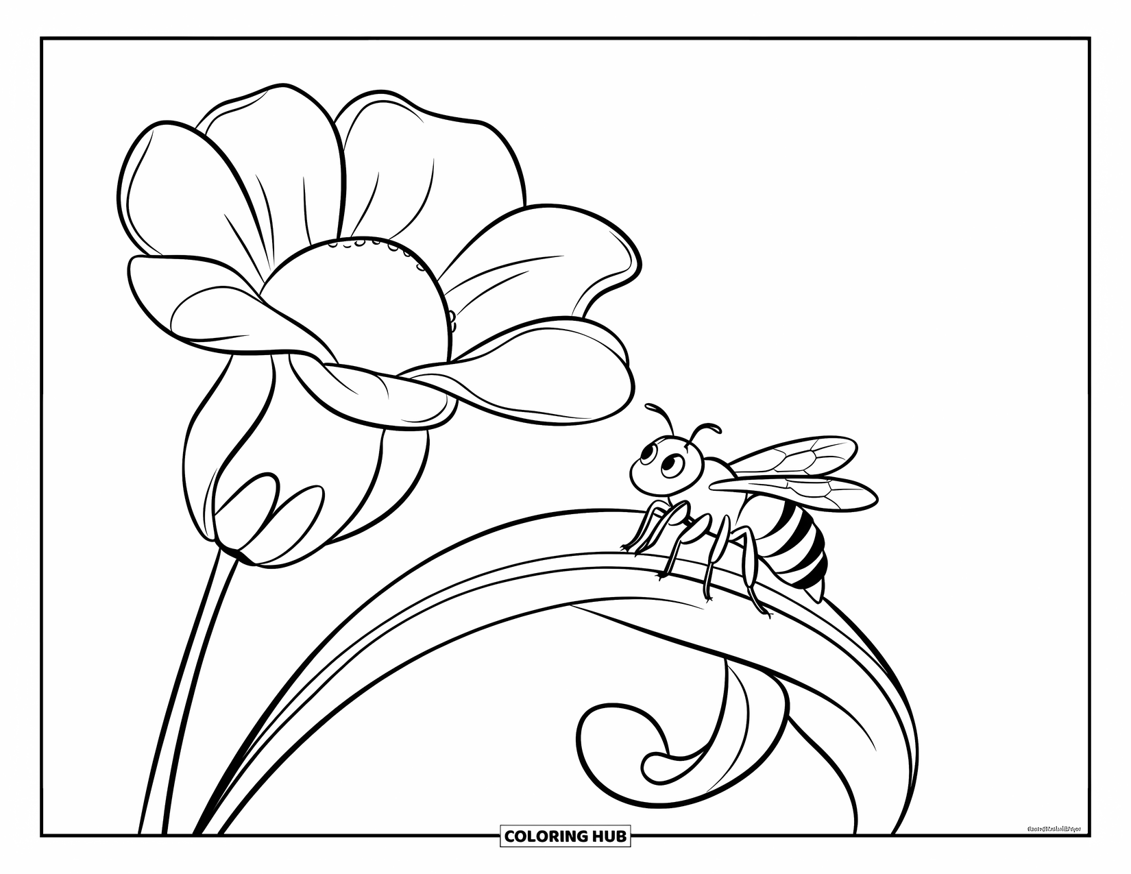 Honey Bee Coloring Page for Kids: A honey bee sits on a curled leaf, admiring the big, bright flower above