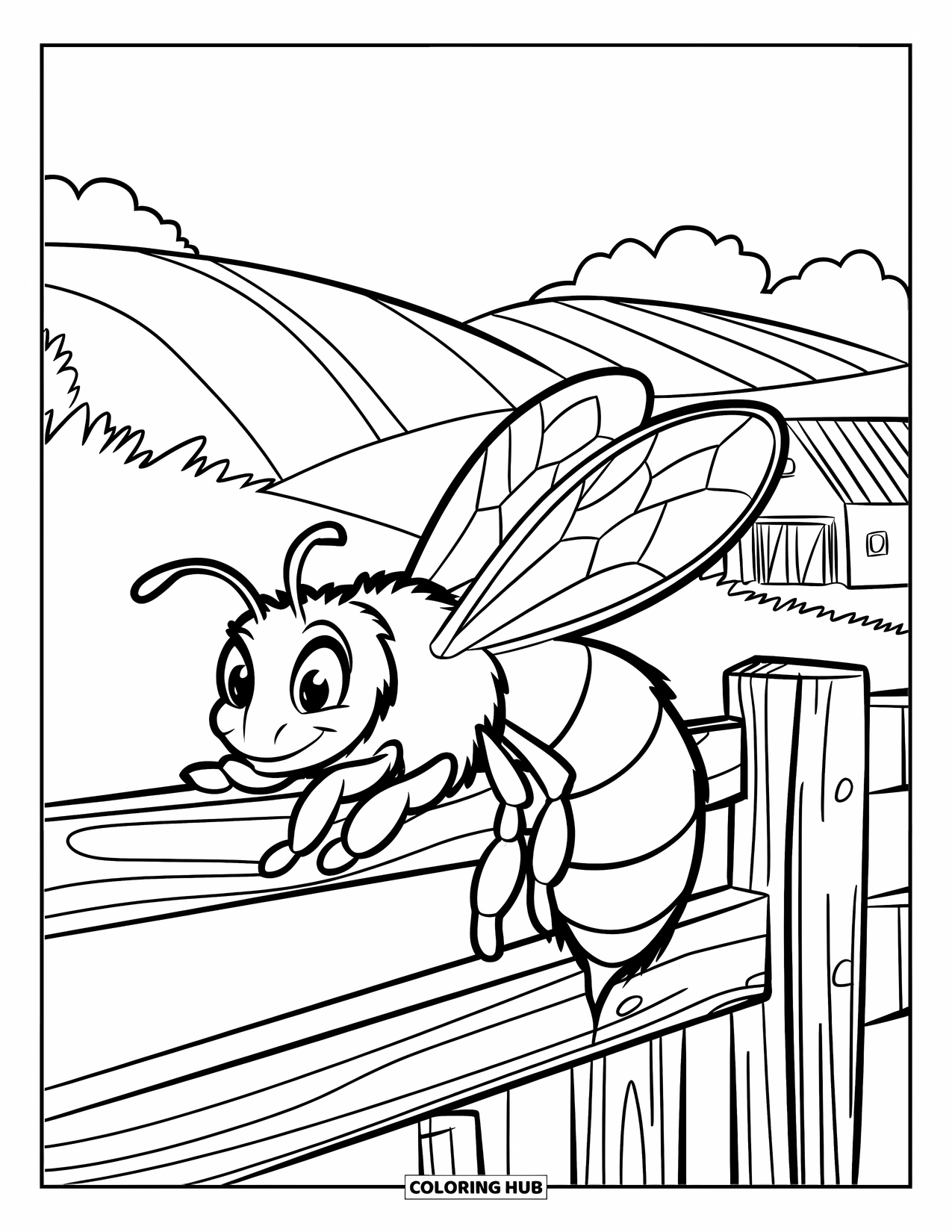 Honey Bee Coloring Page for Kids: A honey bee sits on a wooden fence, surrounded by rolling hills and a distant red barn