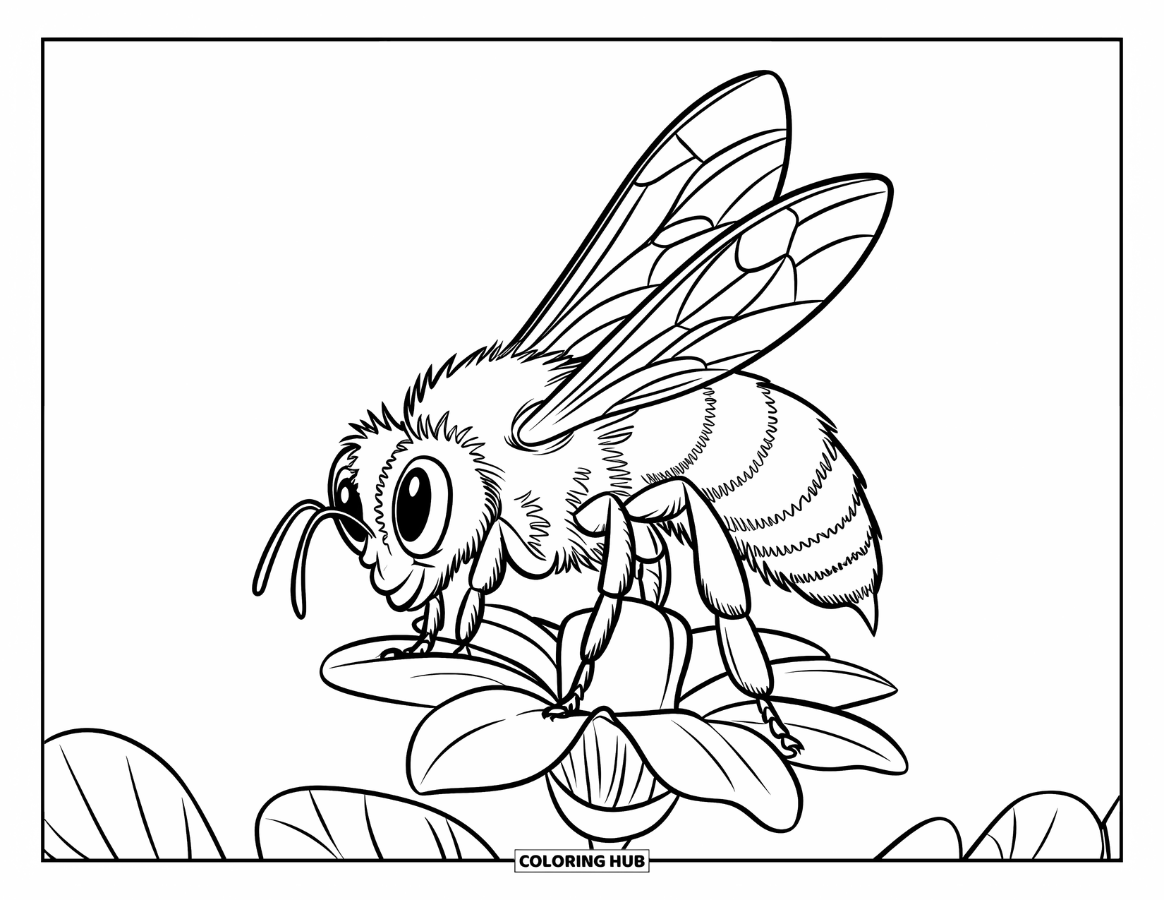 Honey Bee Coloring Page for Kids: A honey bee with delicate wings rests on a flower, soaking in the quiet moment