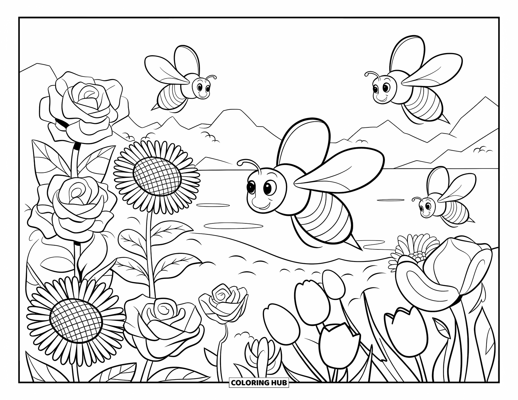 Honey Bee Coloring Page for Kids: A peaceful garden with five bees flying past blooming flowers, mountains, and a calm lake