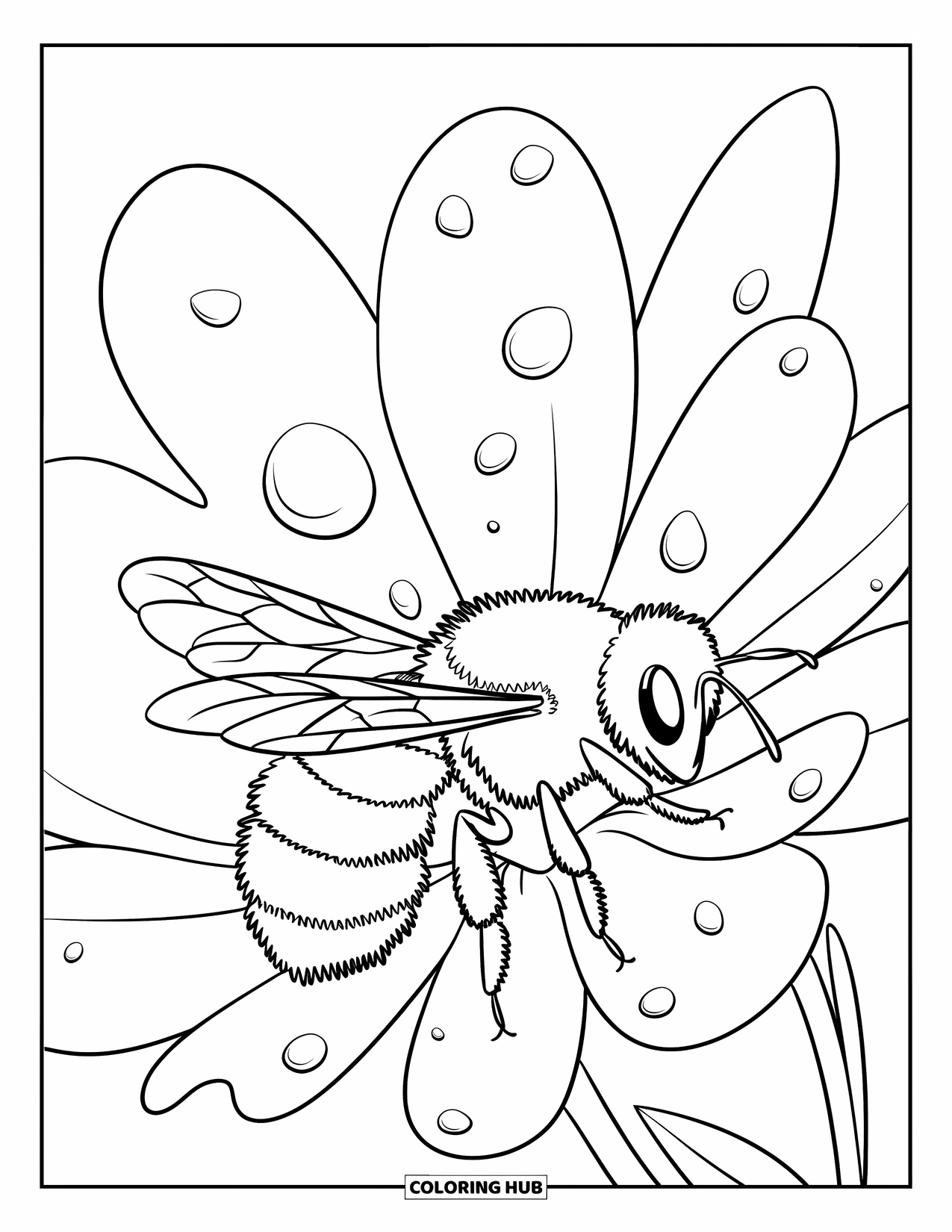 Honey Bee Coloring Page for Kids: A peaceful scene of a honey bee resting on a petal, with tiny dewdrops nearby