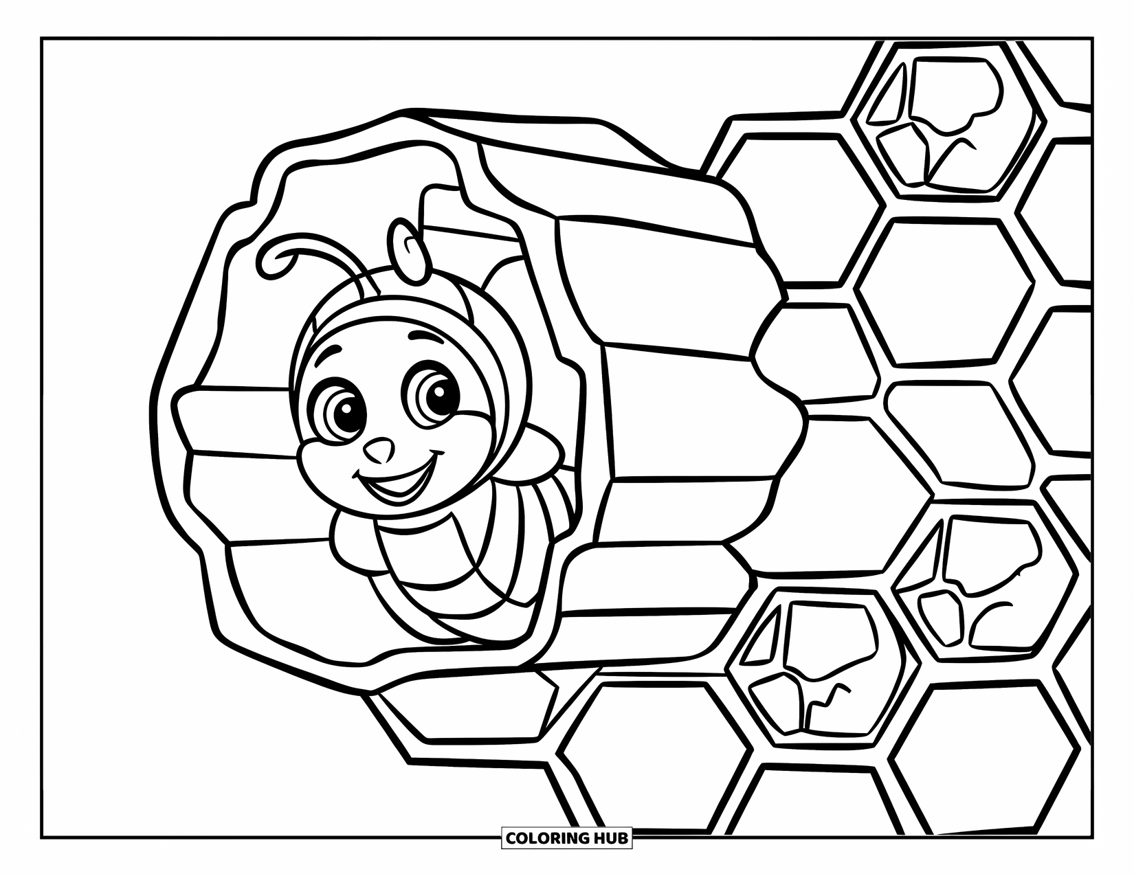Honey Bee Coloring Page for Kids: A playful bee peeks from a honeycomb cell, ready to explore the hive