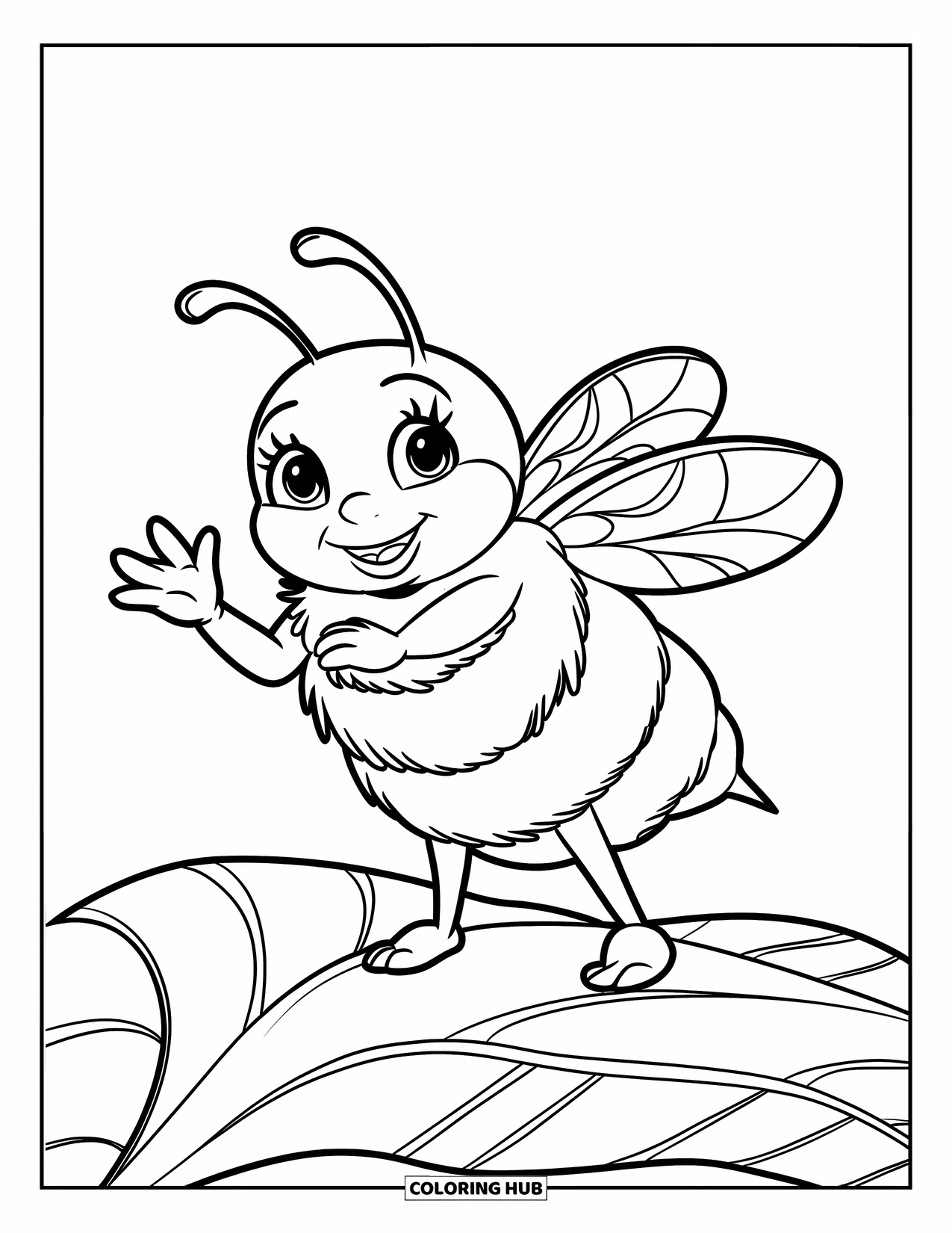 Honey Bee Coloring Page for Kids: A plump little bee stands on a leaf, greeting the world with a big smile