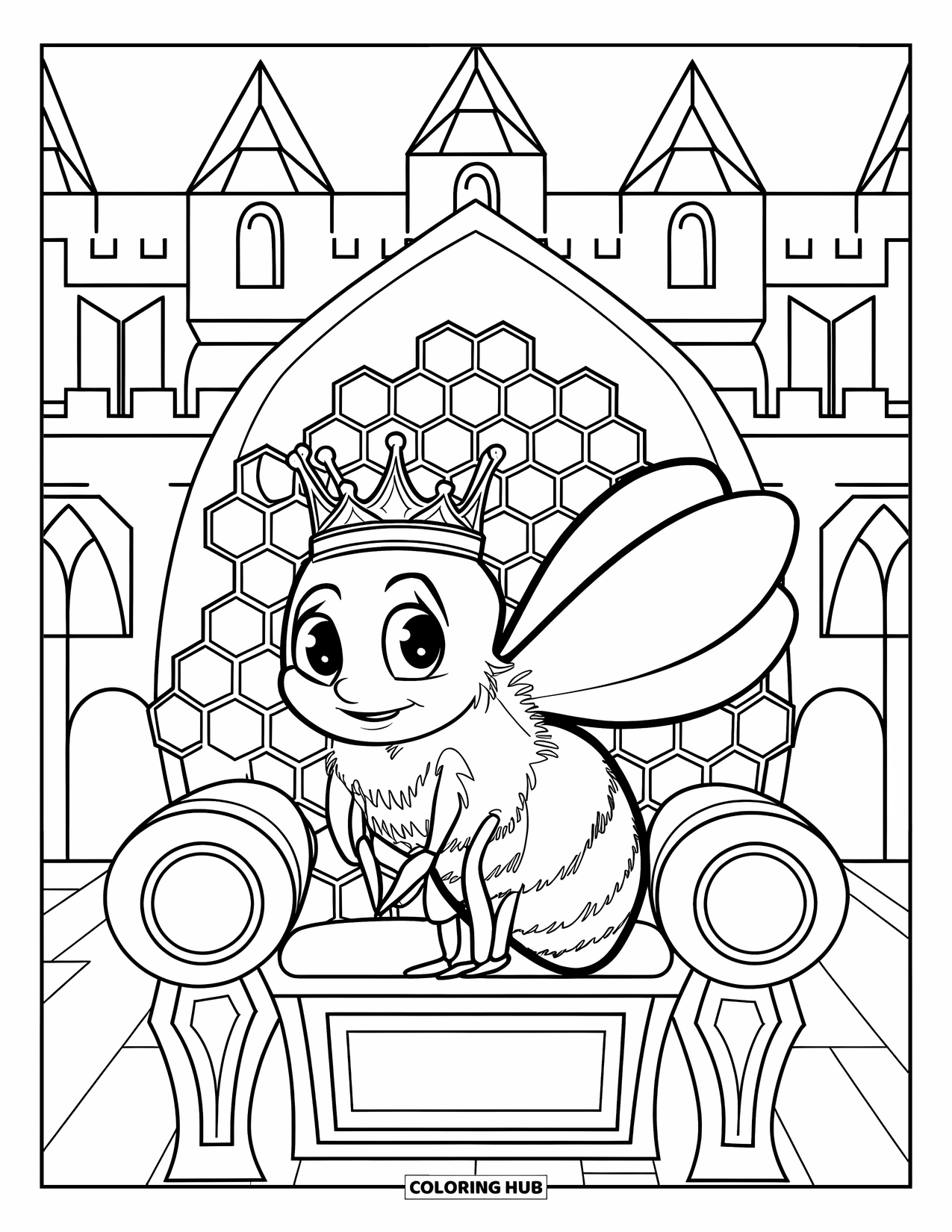 Honey Bee Coloring Page for Kids: A regal bee wearing a tiny crown sits proudly on a honeycomb throne