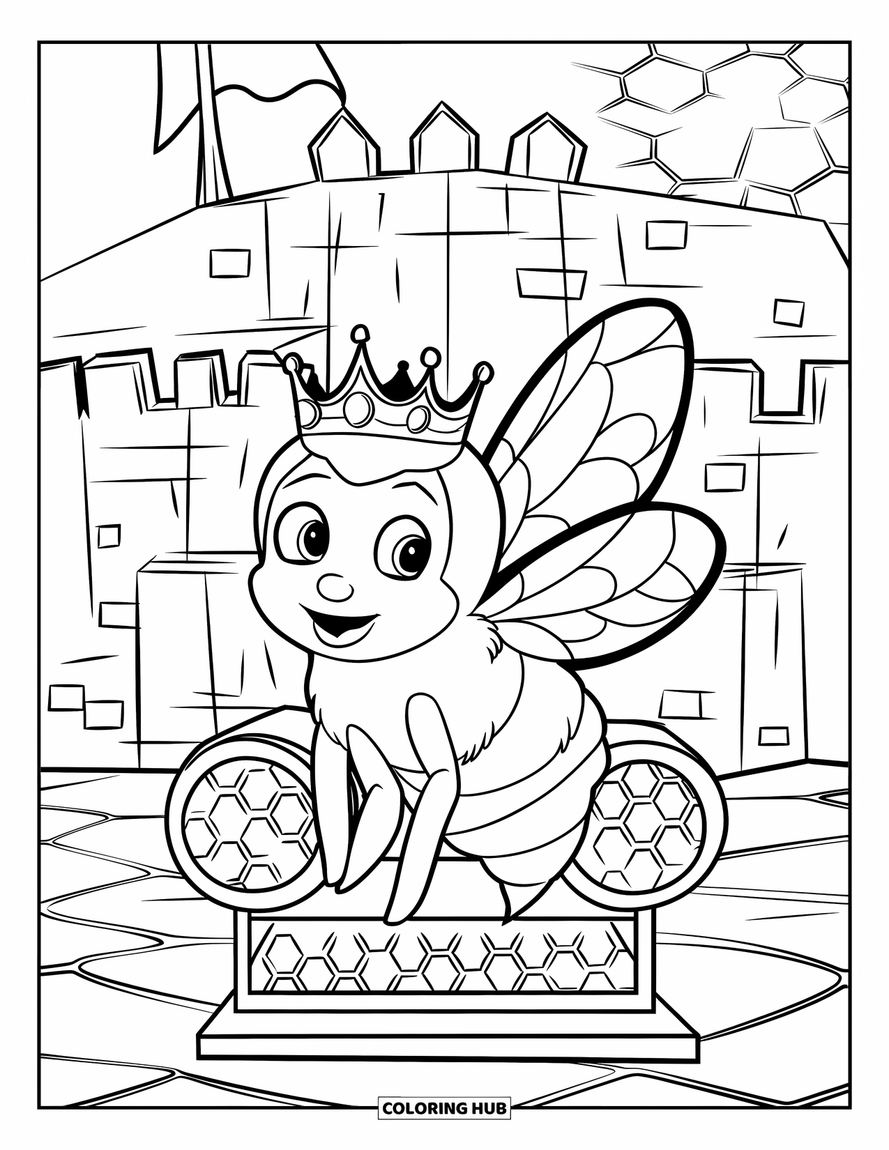 Honey Bee Coloring Page for Kids: A royal bee sits on a honeycomb throne, gazing at a grand castle in the background
