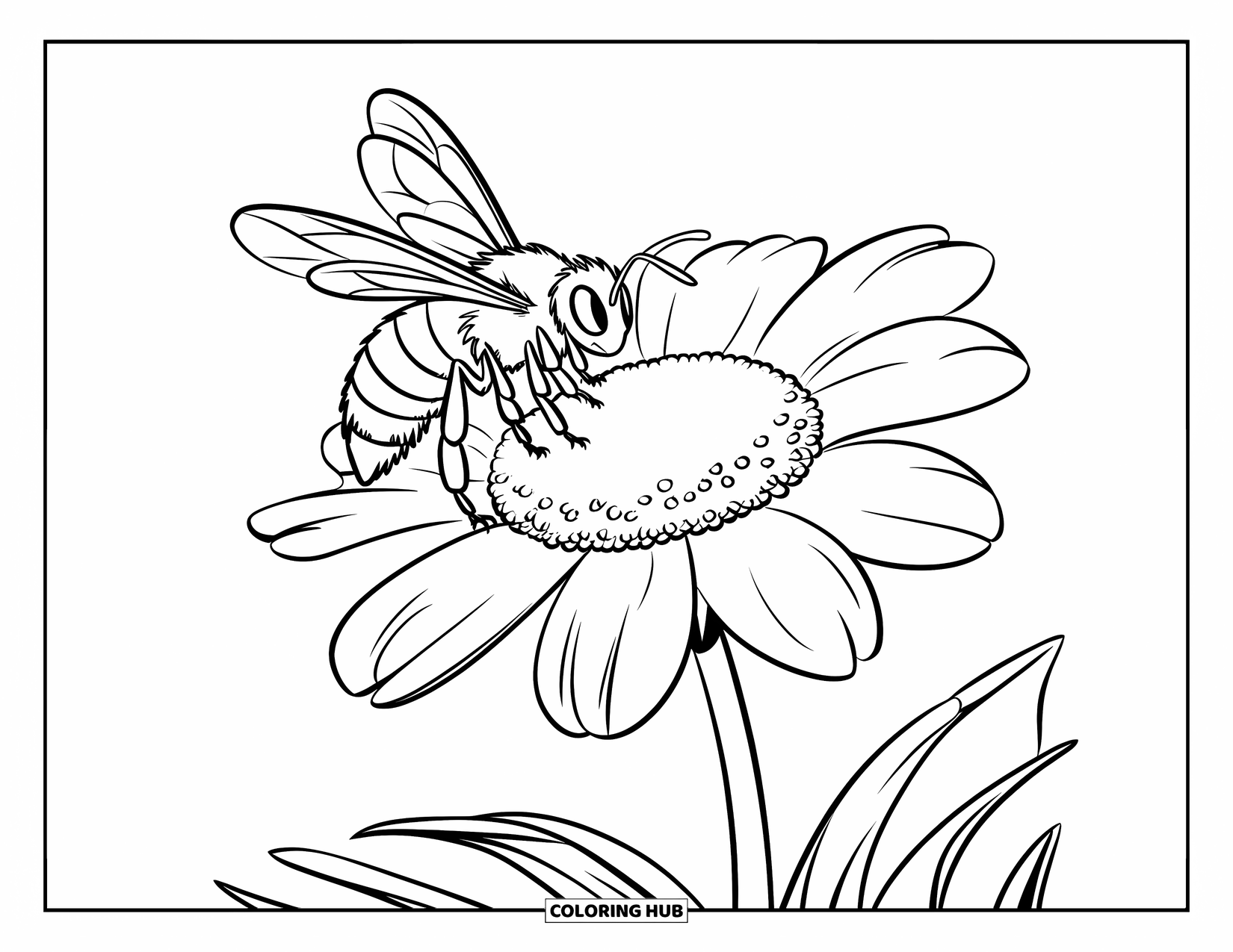 Honey Bee Coloring Page for Kids: A striped bee gently lands on a flower, collecting golden pollen