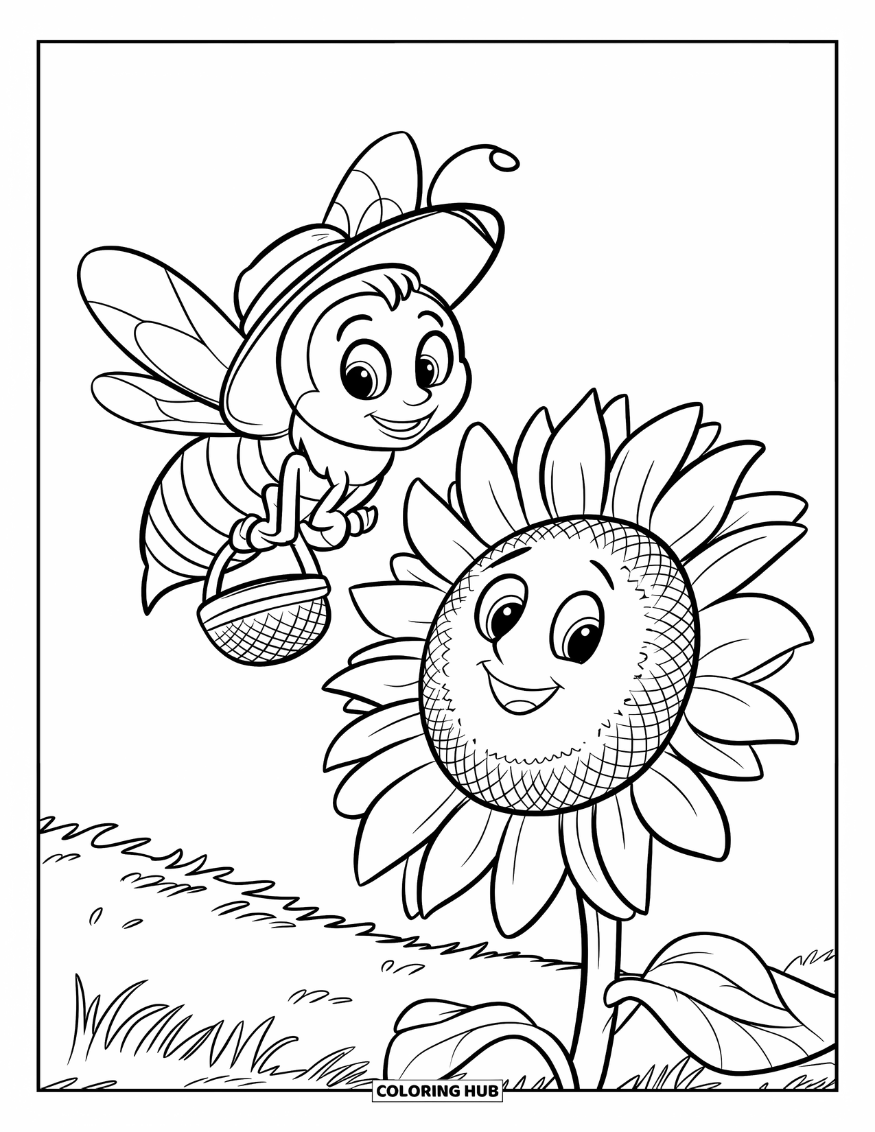 Honey Bee Coloring Page for Kids: A tiny bee carrying pollen lands on a sunflower, ready for its next task