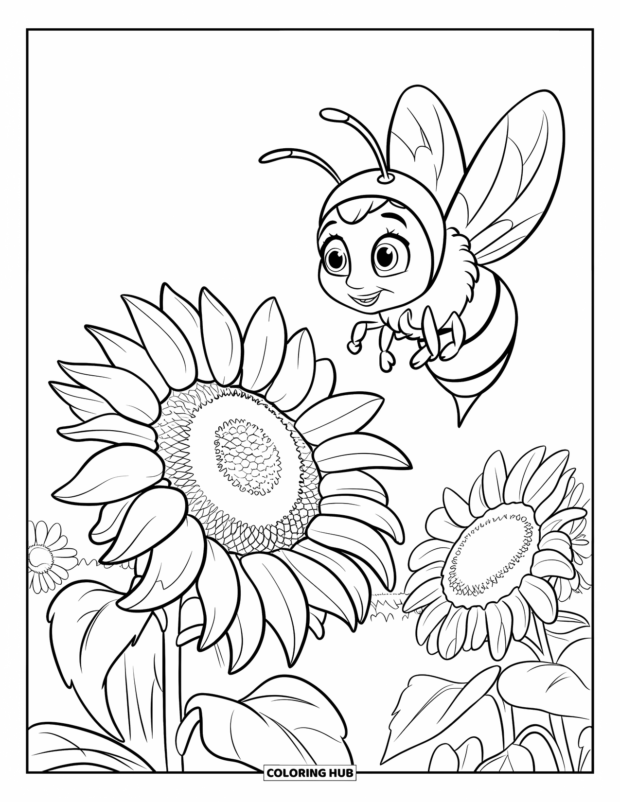 Honey Bee Coloring Page for Kids: A tiny bee circles a sunflower, soaking in the sunshine and fresh air