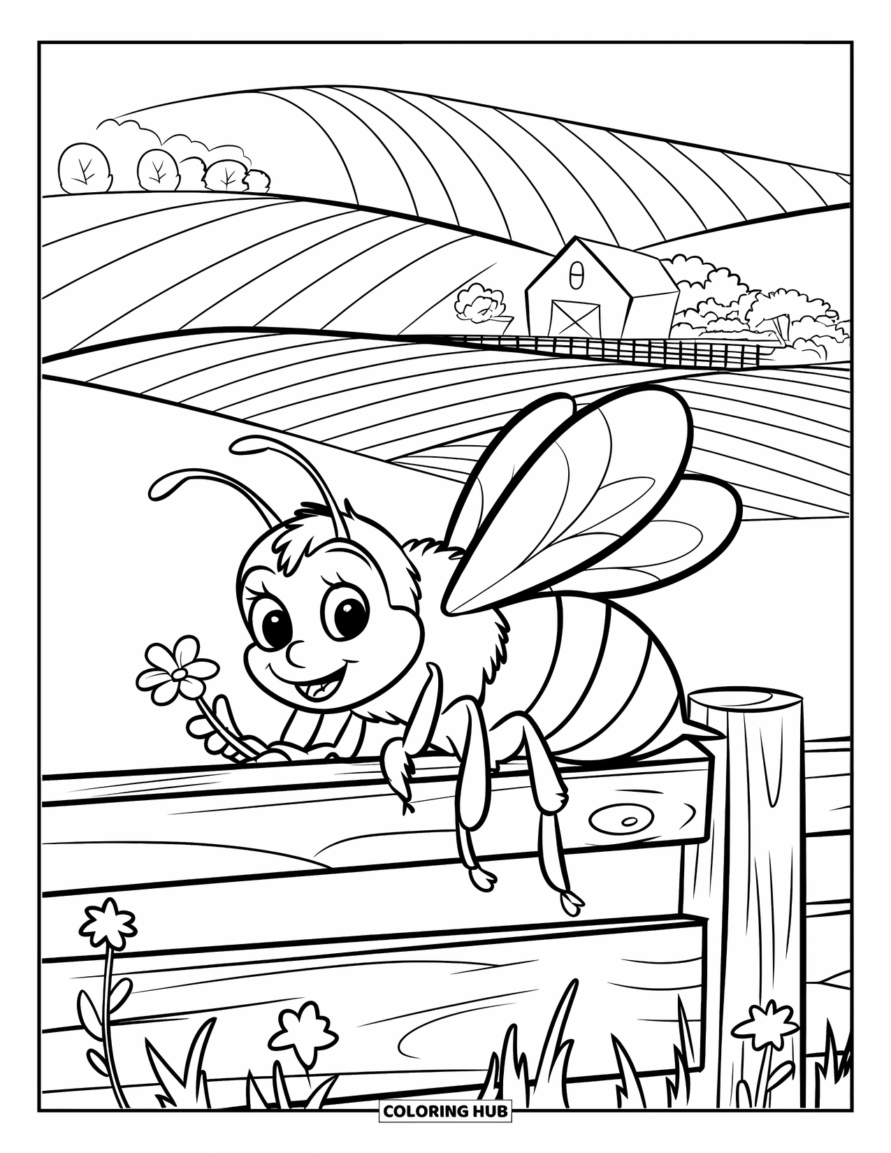 Honey Bee Coloring Page for Kids: A tiny bee holds a flower while resting on a fence, overlooking a quiet farm
