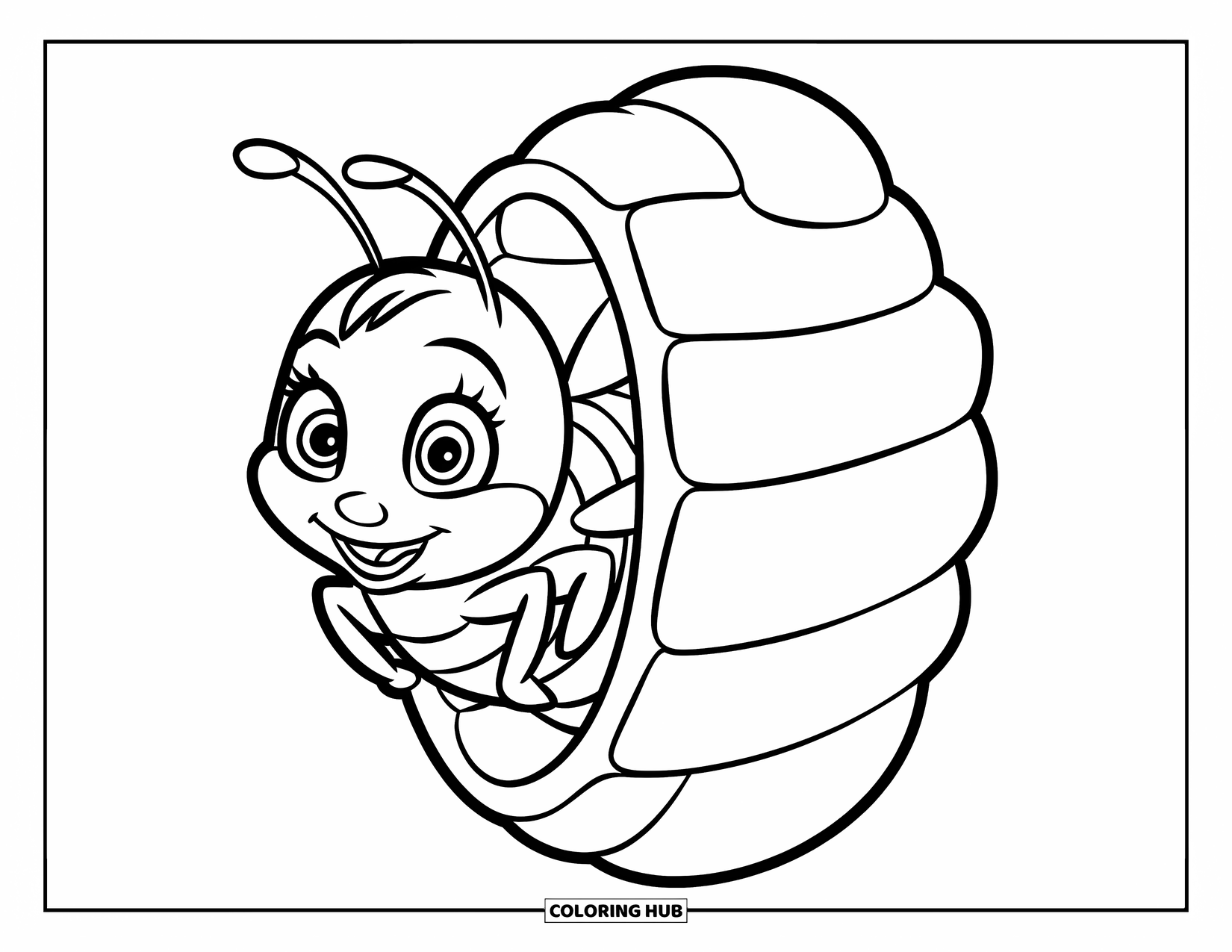 Honey Bee Coloring Page for Kids: A tiny bee peeks out of its honeycomb home with a big, friendly smile