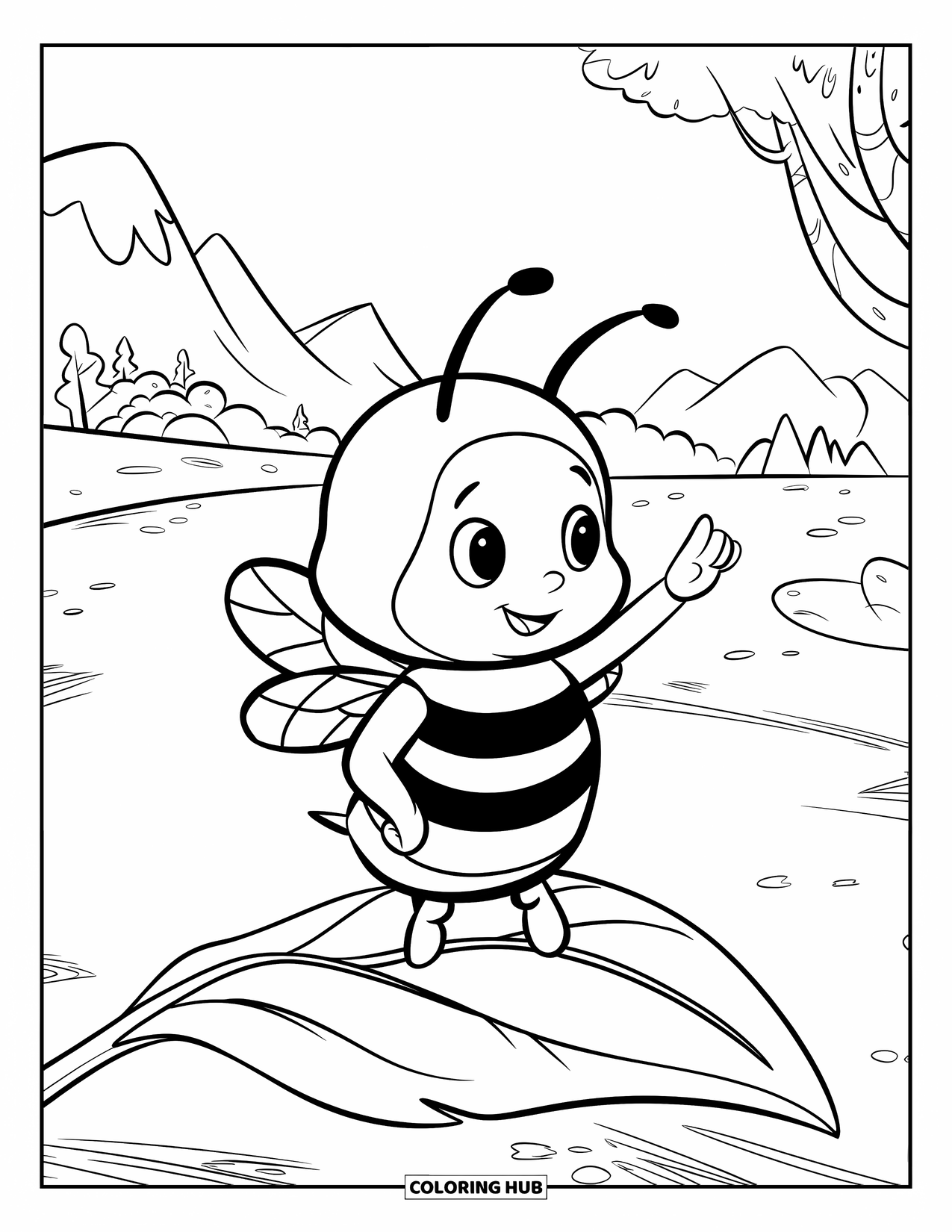 Honey Bee Coloring Page for Kids: A tiny bee waves happily while standing on a leaf swaying in the breeze