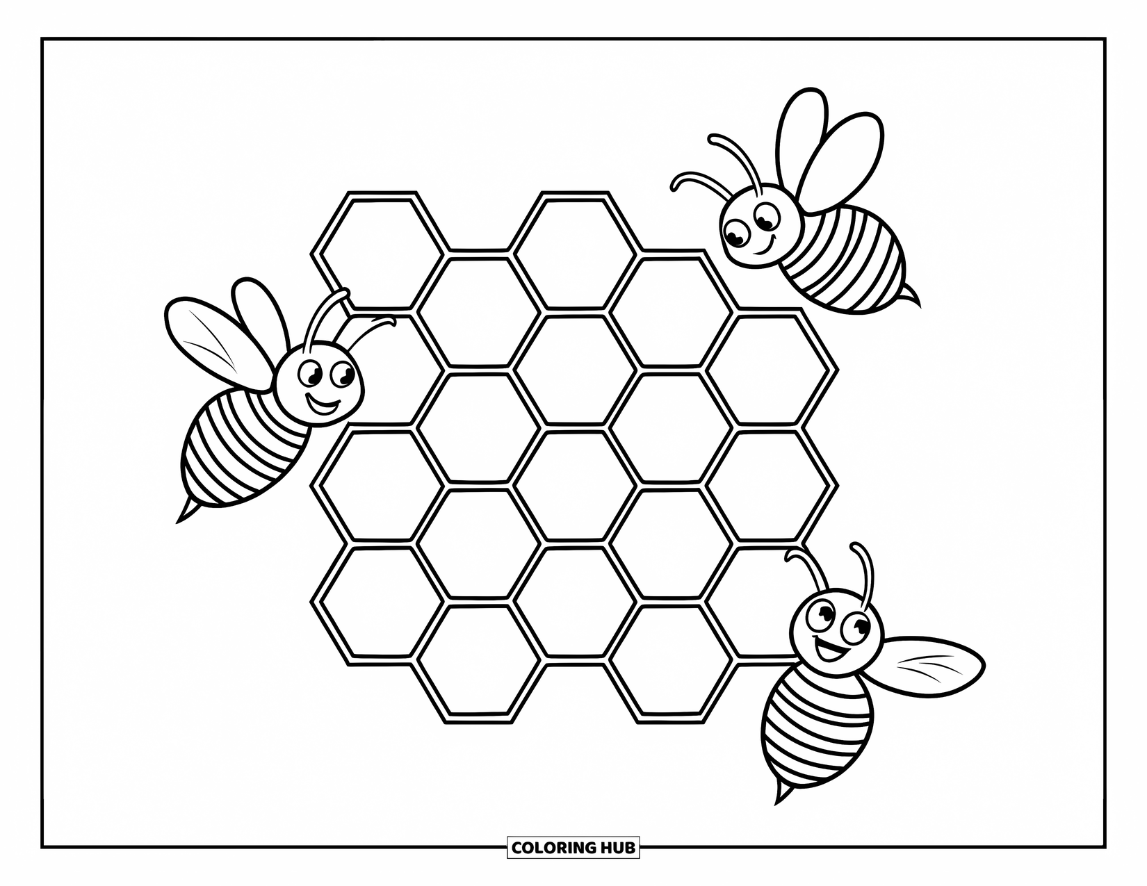 Honey Bee Coloring Page for Kids: Bees dance around a honeycomb, carefully carrying their pollen baskets home