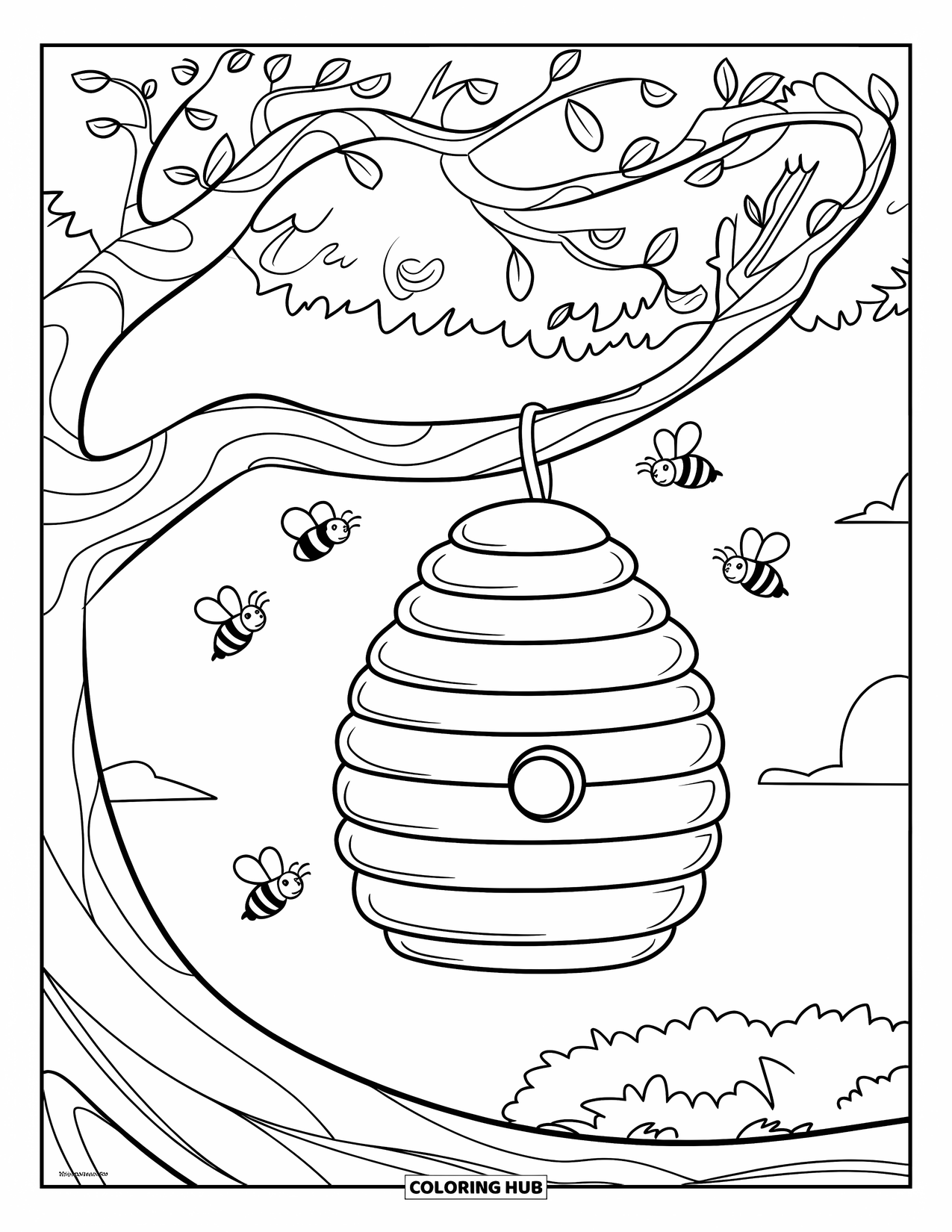 Honey Bee Coloring Page for Kids: Five bees hover around a beehive swaying gently from a curved tree branch