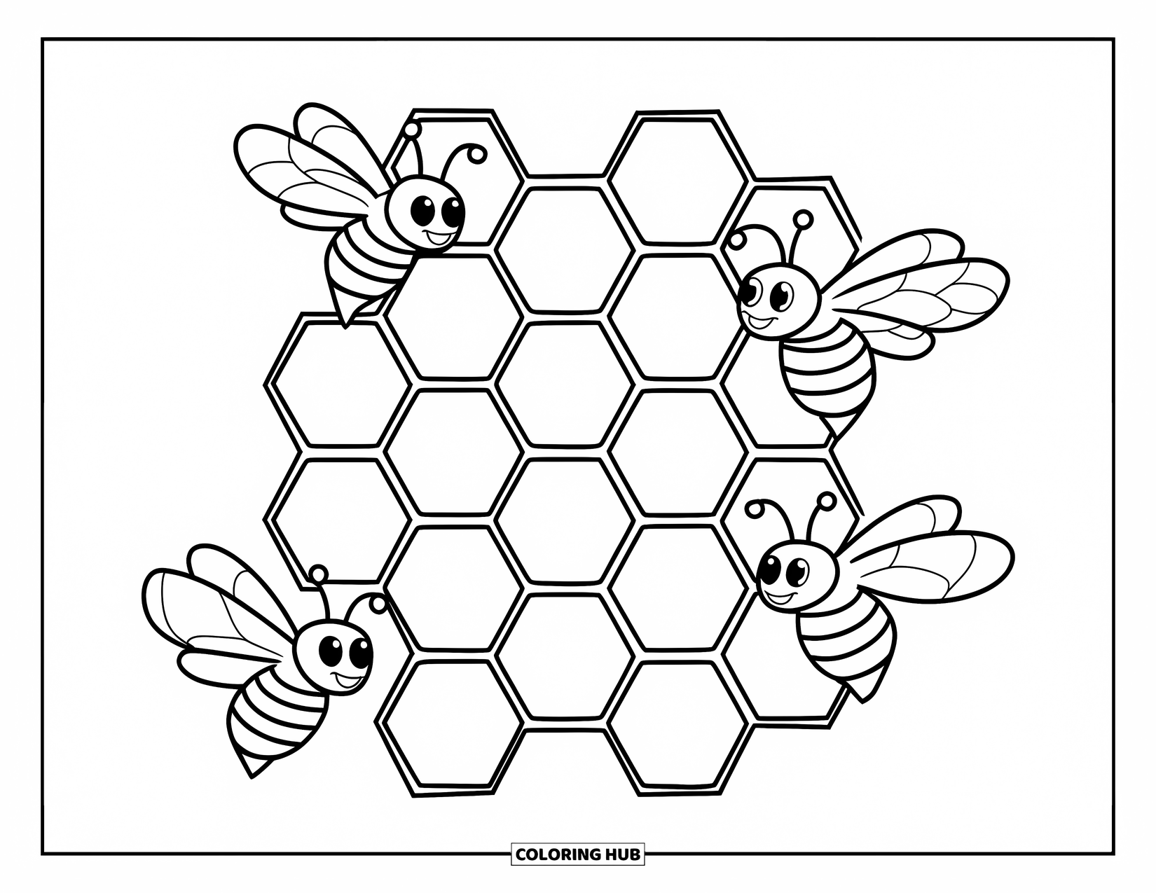 Honey Bee Coloring Page for Kids: Three busy bees hover near a honeycomb, each carrying tiny baskets of pollen