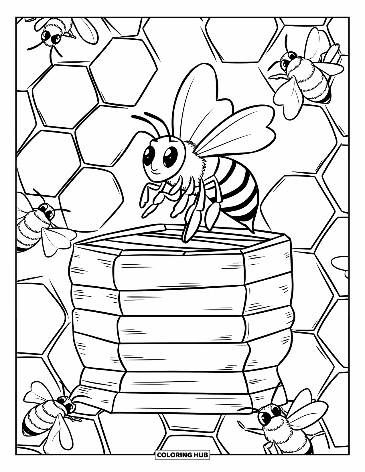 Honey Bee Coloring Page for Kids: Two bees perform a waggle dance inside their hive, guiding their friends to flowers