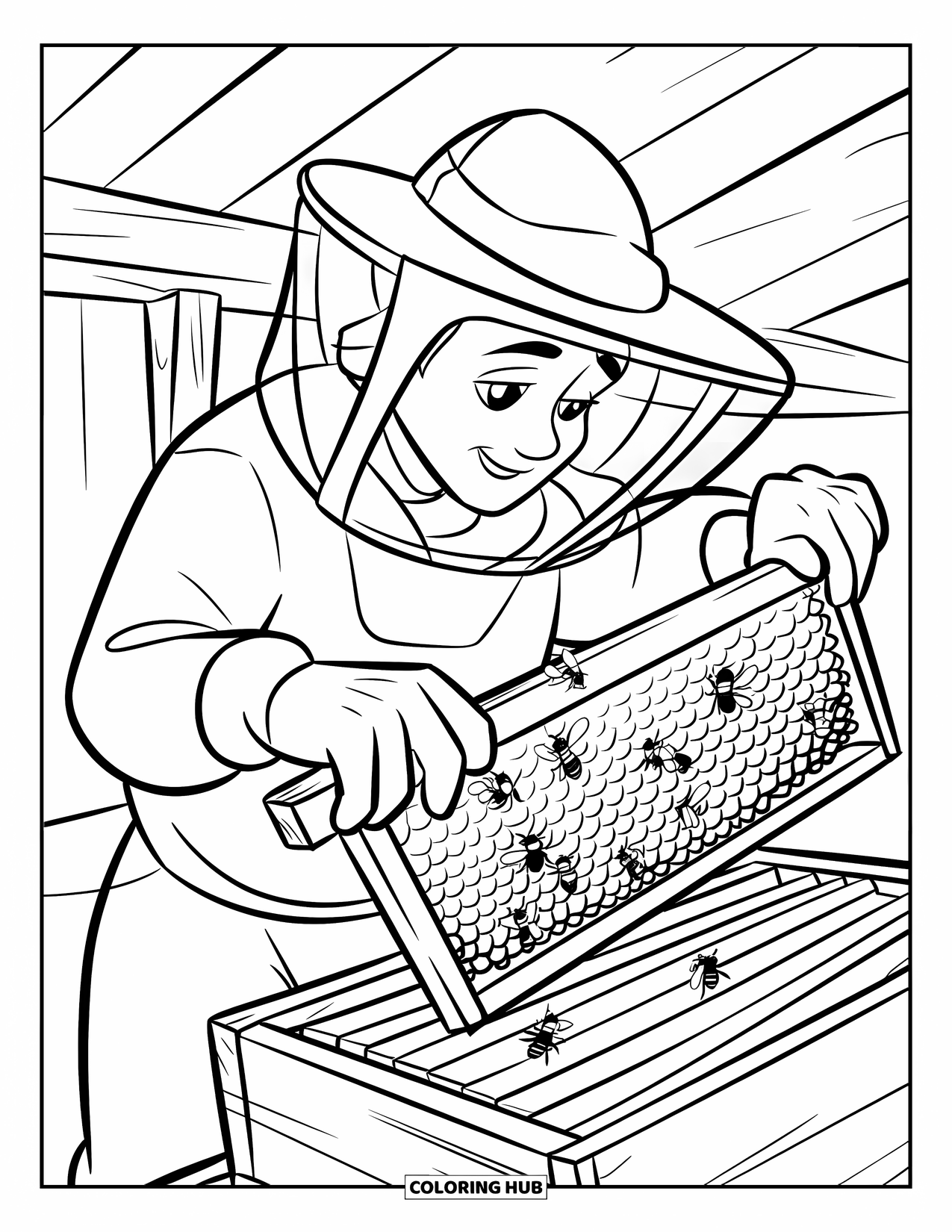 Honey Bee Coloring Page for Kids: With a steady hand, the beekeeper lifts a honeycomb frame to check the golden honey