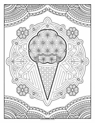 Coloriage de glaces pour adultes : Un mandala glacé magnifiquement détaillé, alliant symétrie florale et élégance géométrique