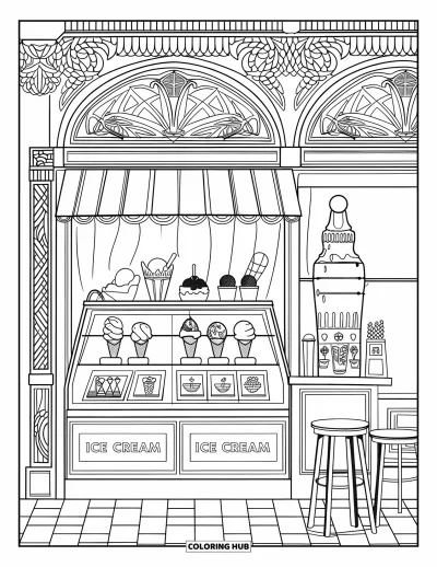 Coloriage de glaces pour adultes : Une boutique de glaces vintage magnifiquement détaillée, remplie de douceurs glacées et d’éléments classiques