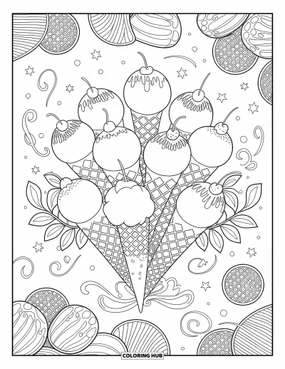 Coloriage de glaces pour adultes : Un bouquet de cornets et de coupes glacées arrangés comme des fleurs, avec des détails décoratifs en spirale