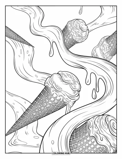 Coloriage de glaces pour adultes : Un dessin artistique complexe mêlant des spirales de glace fondante et des textures de cornets gaufrés tressées