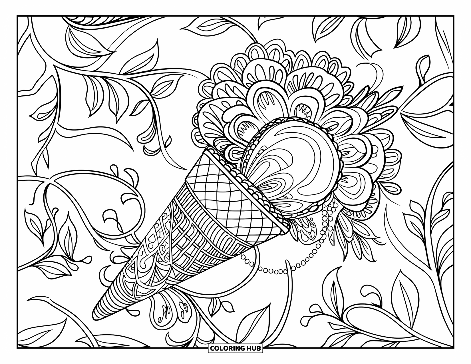 Ice Cream Coloring Page for Adults: A delicate ice cream cone wrapped in intricate lace, floral, and swirling filigree patterns