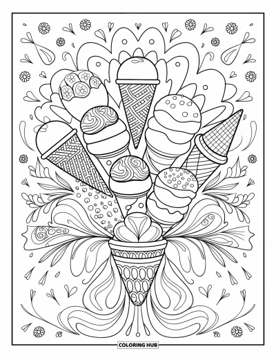 Coloriage de glaces pour adultes : Un bel arrangement de gourmandises glacées en forme de bouquet floral, riche en détails raffinés