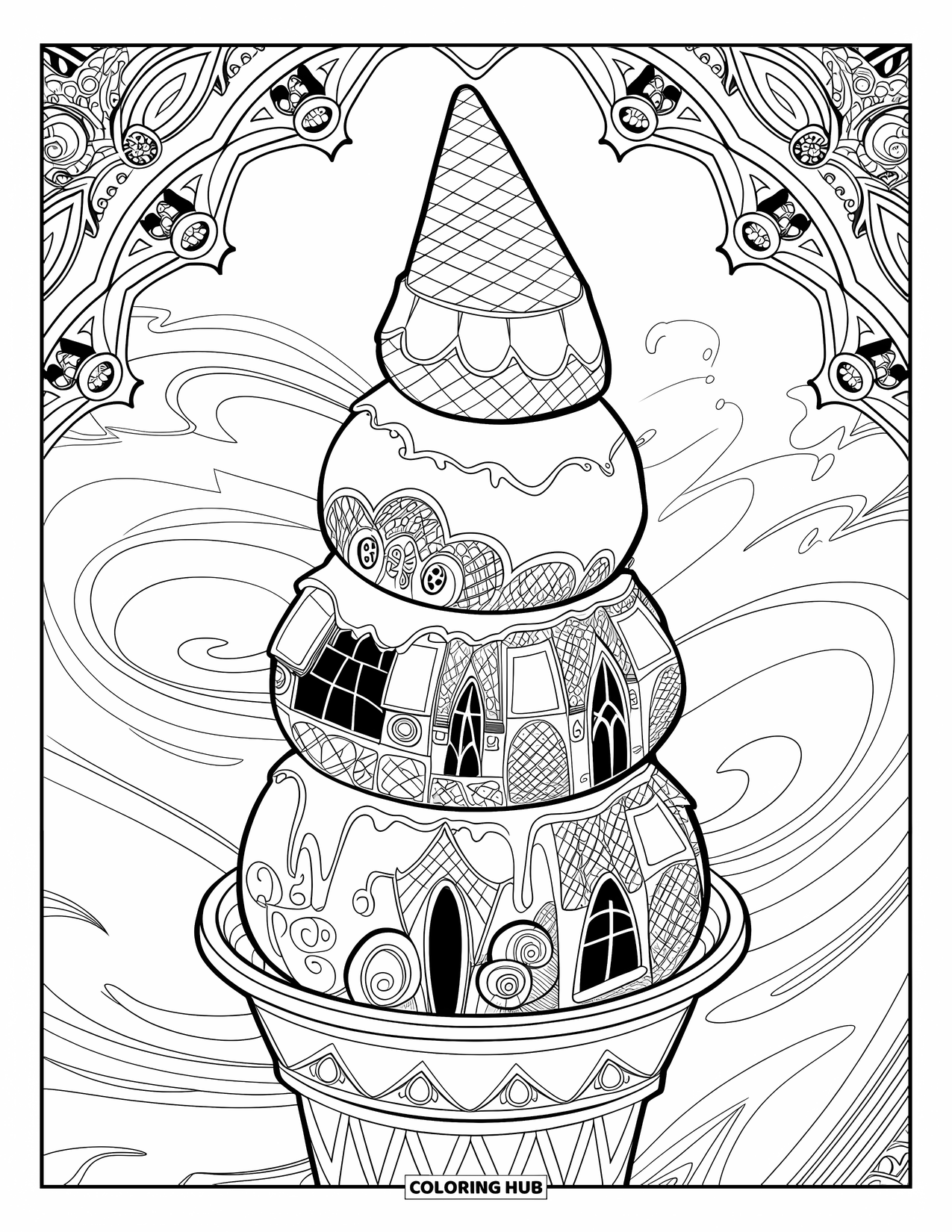 Ice Cream Coloring Page for Adults: A dramatic gothic ice cream tower, decorated with ornate patterns and delicate filigree accents