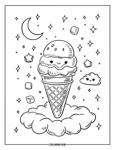 Coloriage de glaces pour adultes : Un soda glacé rêveur reposant sur un nuage, avec un croissant de lune et de minuscules guimauves flottantes