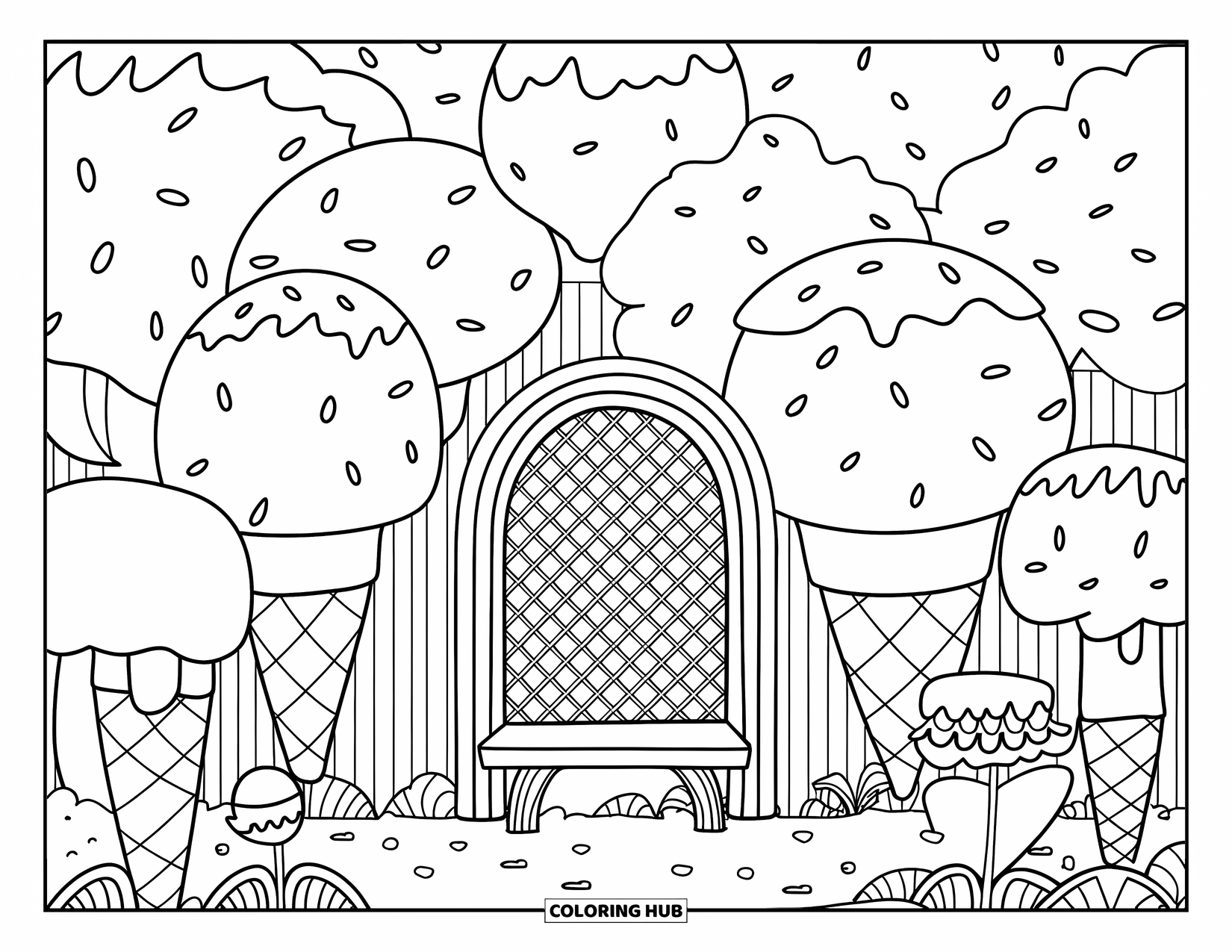 Ice Cream Coloring Page for Adults: A dreamy ice cream garden where cone trees grow tall, sprinkles float, and a cozy bench invites visitors