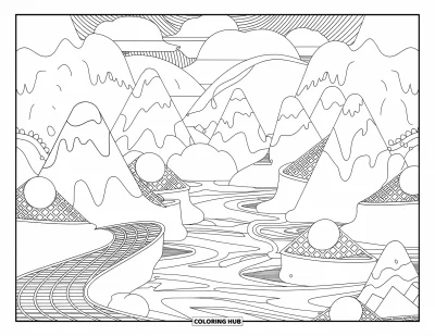 Coloriage de glaces pour adultes : Un paysage onirique avec des montagnes de glace, des chemins en cornet gaufré et des rivières de glace fondue