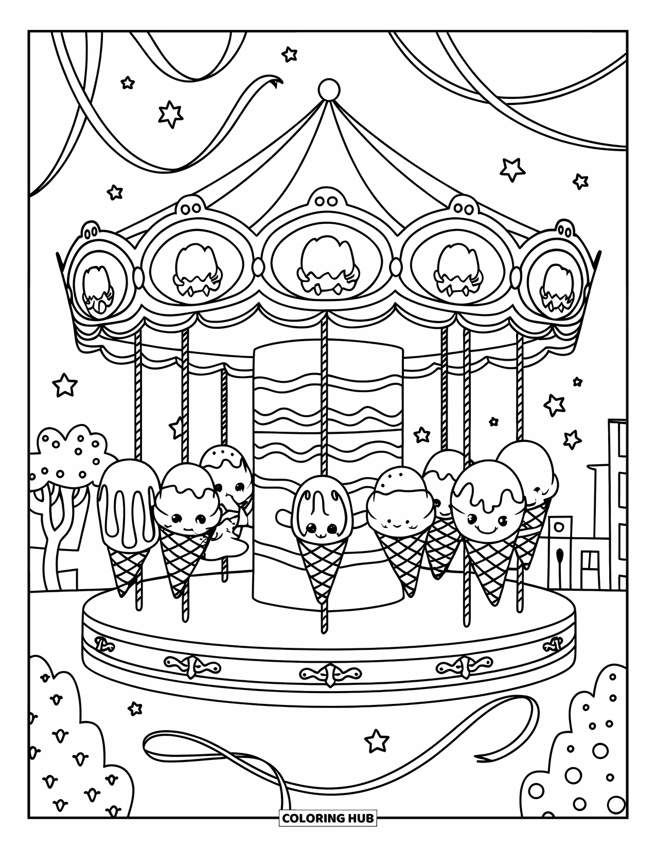 Ice Cream Coloring Page for Adults: A fun and whimsical carousel with ice cream-shaped seats, spinning under a canopy with twinkling decorations