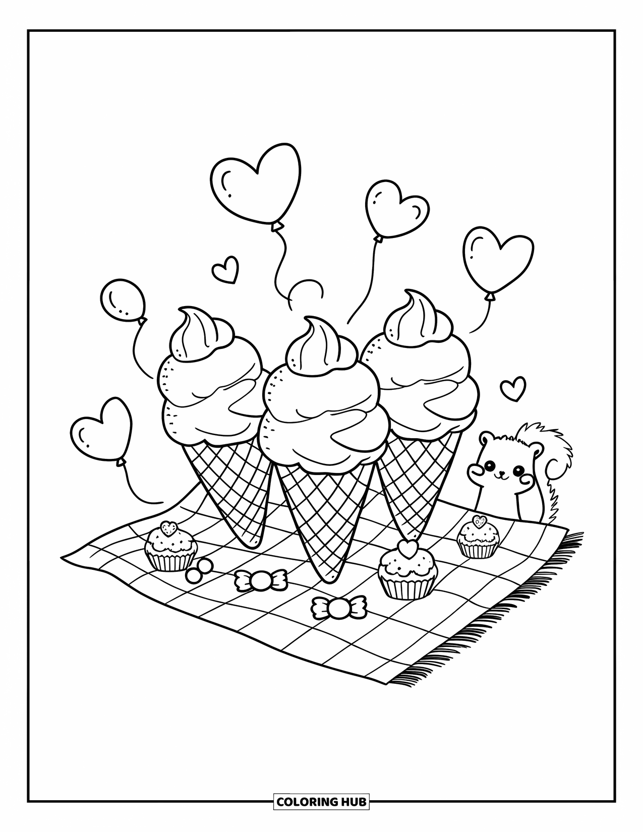 Ice Cream Coloring Page for Adults: A fun picnic scene with three cute ice cream cones, surrounded by cupcakes, candy, and heart balloons