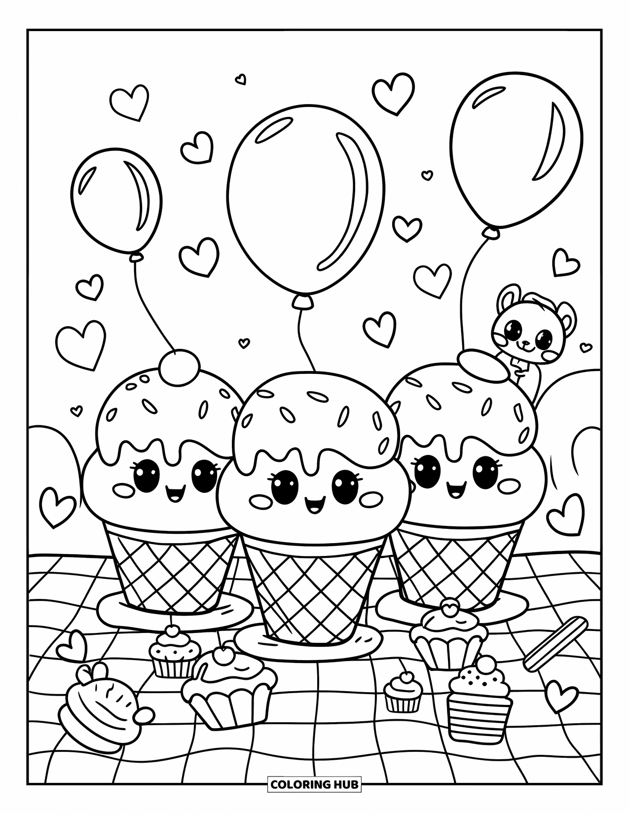 Ice Cream Coloring Page for Adults: A joyful picnic with adorable ice cream cones, tiny desserts, and a curious squirrel peeking nearby