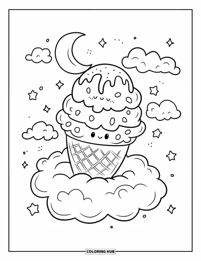 Coloriage de glaces pour adultes : Un soda glacé style kawaii, où un cornet repose sur un nuage moelleux sous un ciel de lune rêveur