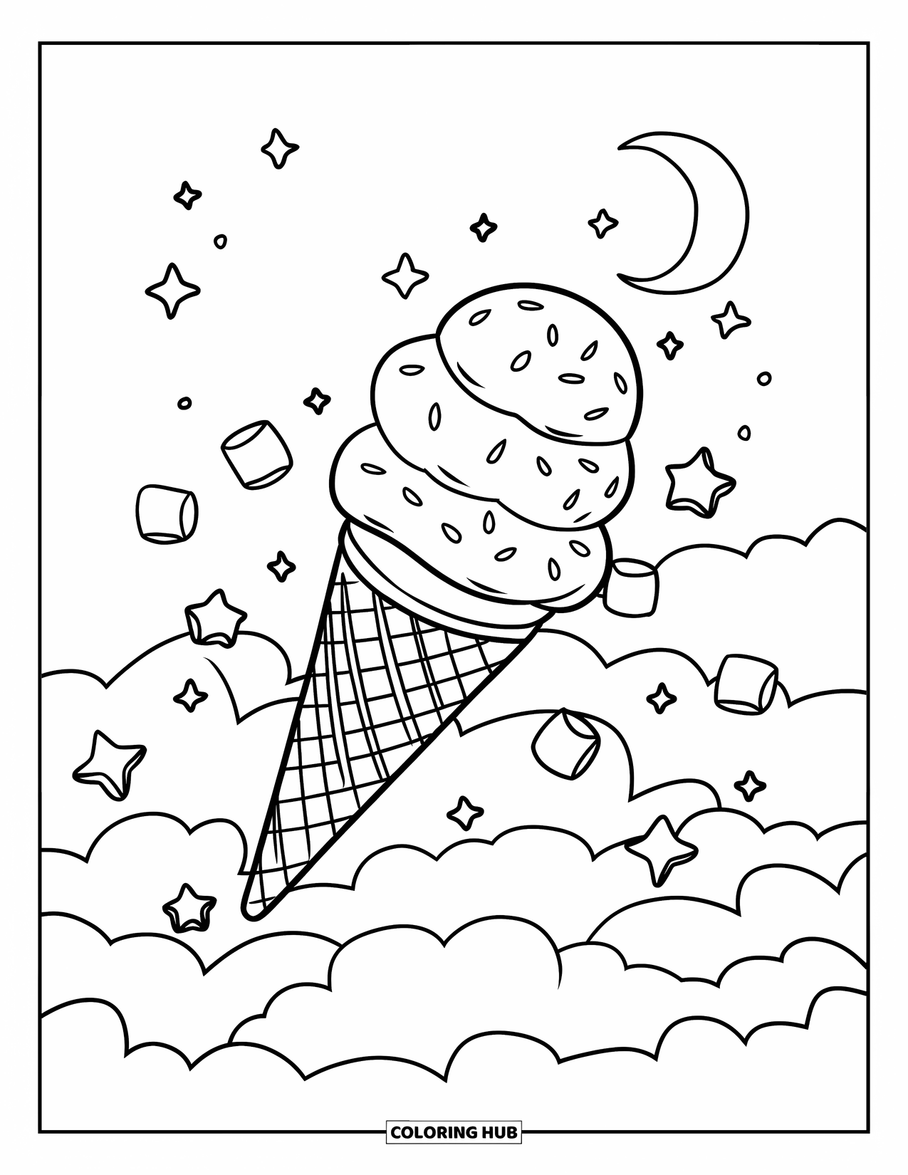 Ice Cream Coloring Page for Adults: A magical ice cream cone floating in the night sky, surrounded by star-shaped marshmallows and a crescent moon