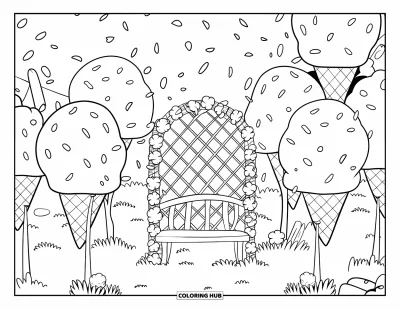 Coloriage de glaces pour adultes : Un jardin magique de glaces avec des arbres en forme de cornets, des vermicelles flottants et un banc douillet sous une tonnelle de sundae