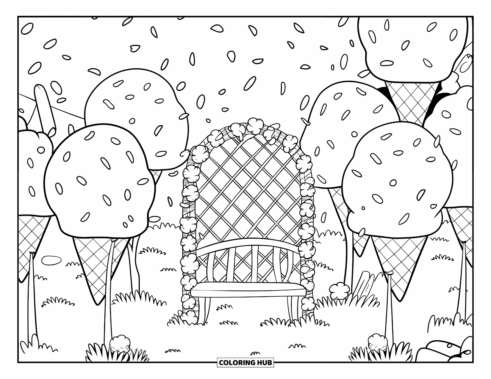 Ice Cream Coloring Page for Adults: A magical ice cream garden with cone-shaped trees, floating sprinkles, and a cozy bench under a sundae trellis