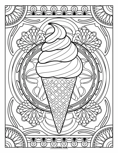 Coloriage de glaces pour adultes : Un cornet de glace style mandala, encadré de motifs complexes, d’accents floraux et de détails géométriques